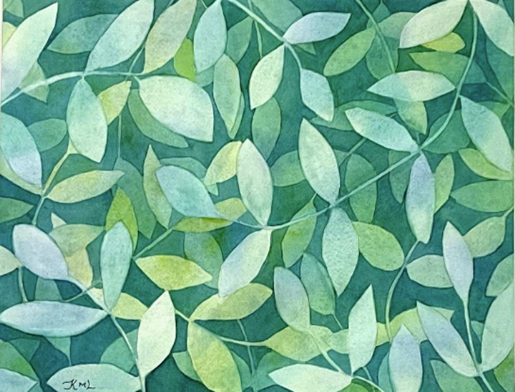 PAINTING WATERCOLOR ORIGINAL LEAVES GREEN BLUE 11X 14 & DOUBLE WHITE MAT 16X 20
