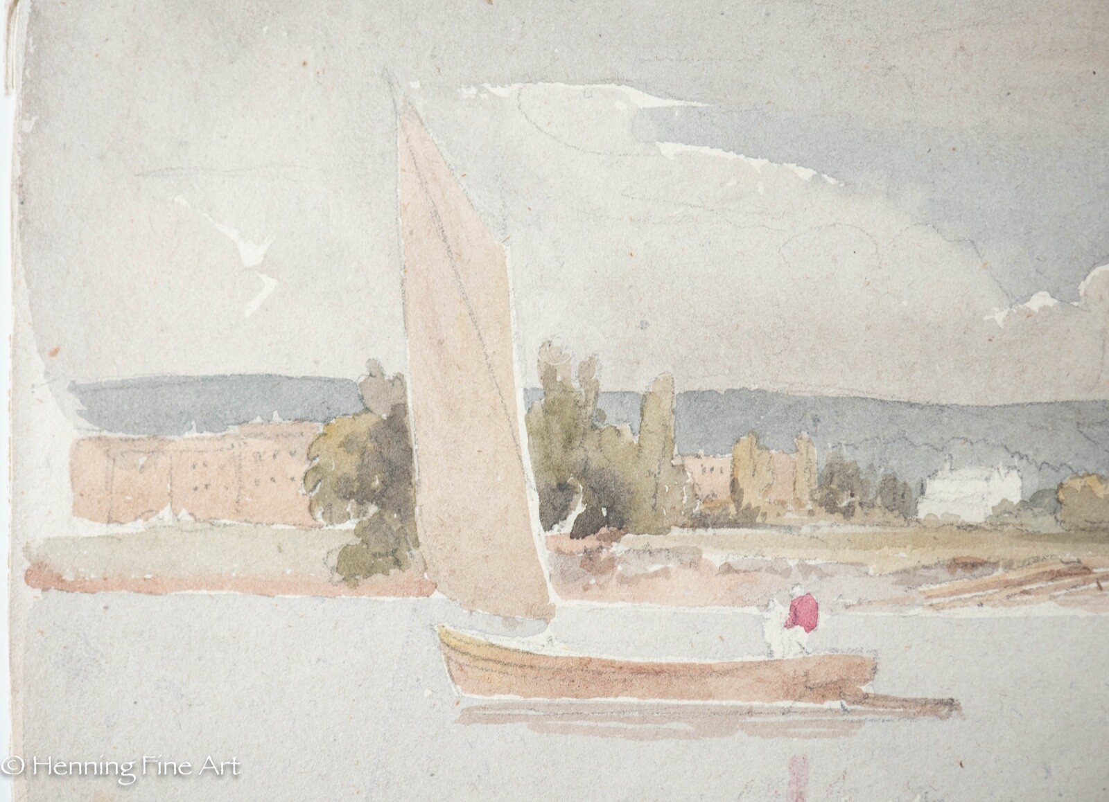 Antique Middle Eastern Watercolor Coastal Riverscape w/ City, Fine Verso C. 1810