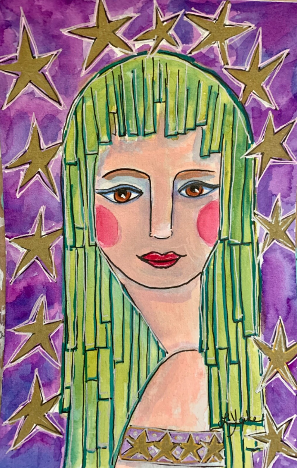 Female portrait whimsical face outsider mixed media original 6 x 9 Linda Yake