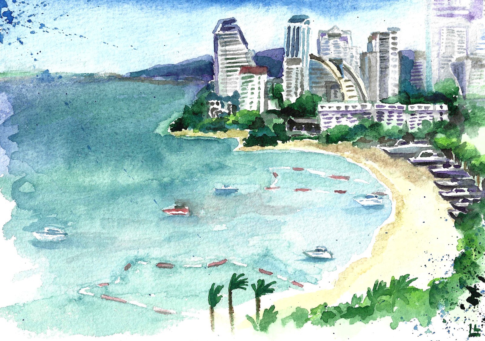 Landscape of Thailand painting, sea, beach artwork, watercolor vacation art