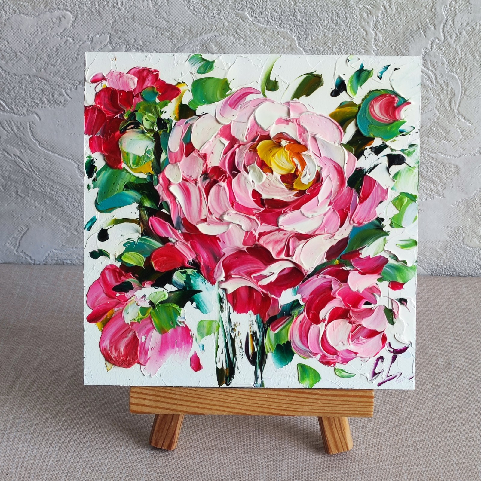 original oil painting Rose pink flowers artwork Floral small wall art 6*6 inch