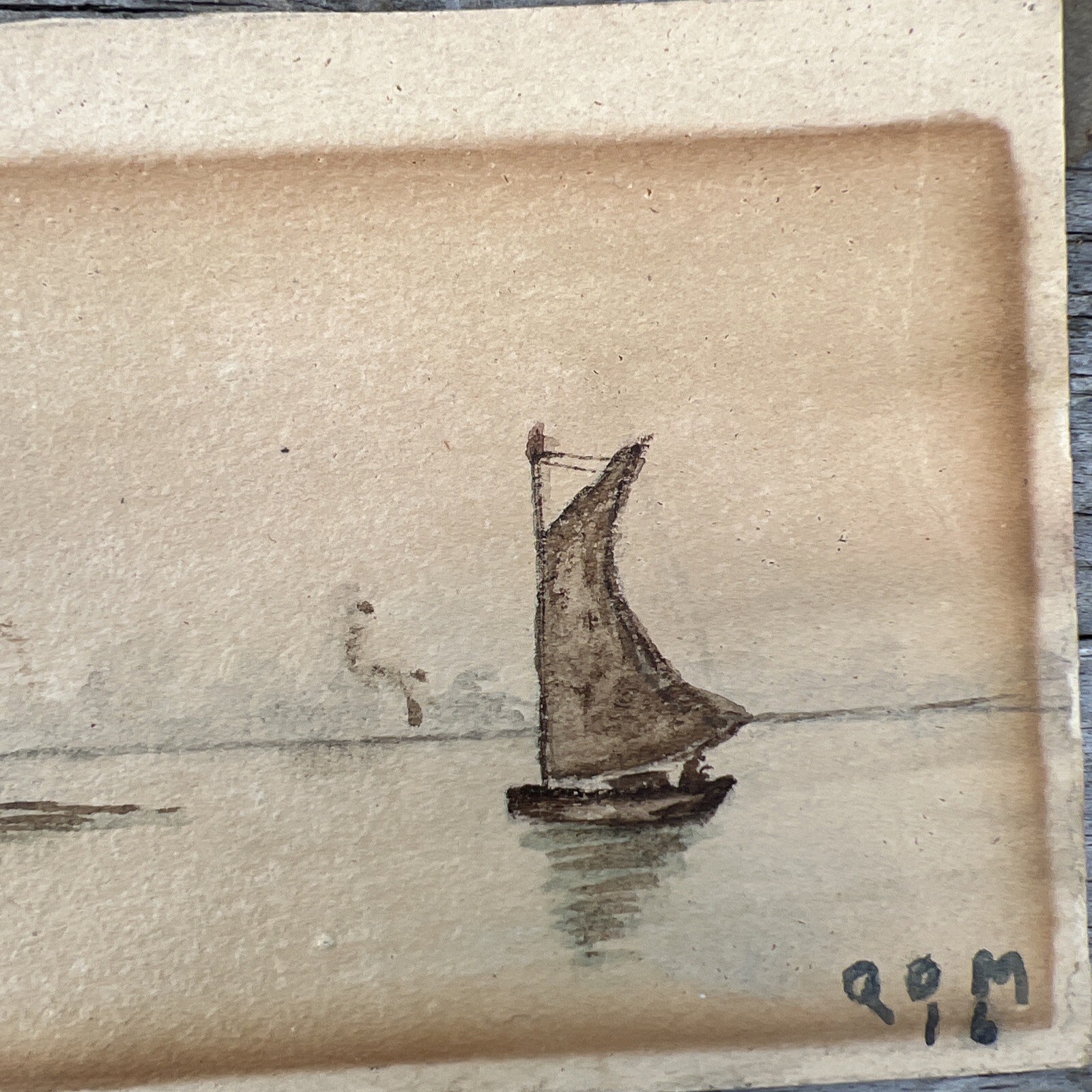 Watercolor on Paper signed dated 1916 house on Bay boat 11″ x 3 1/2″