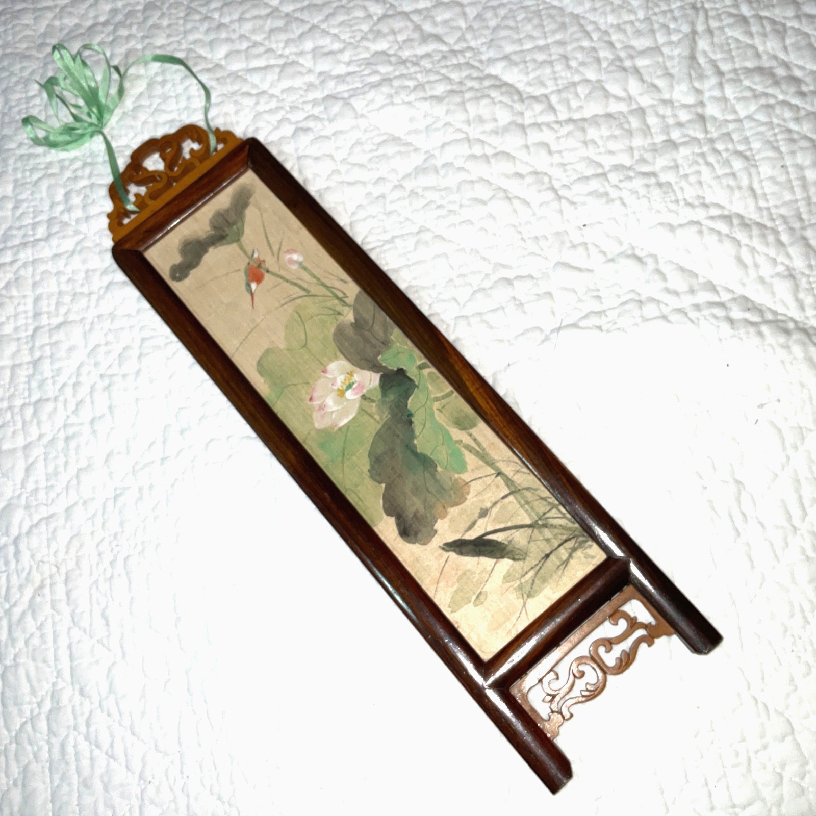 Small two sided Asian painting, original handpainted, flowers, floral birds