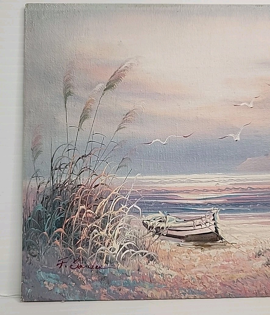 Vintage Original Seascape Painting Signed F Sander 10 In X 8 In Boat On Beach