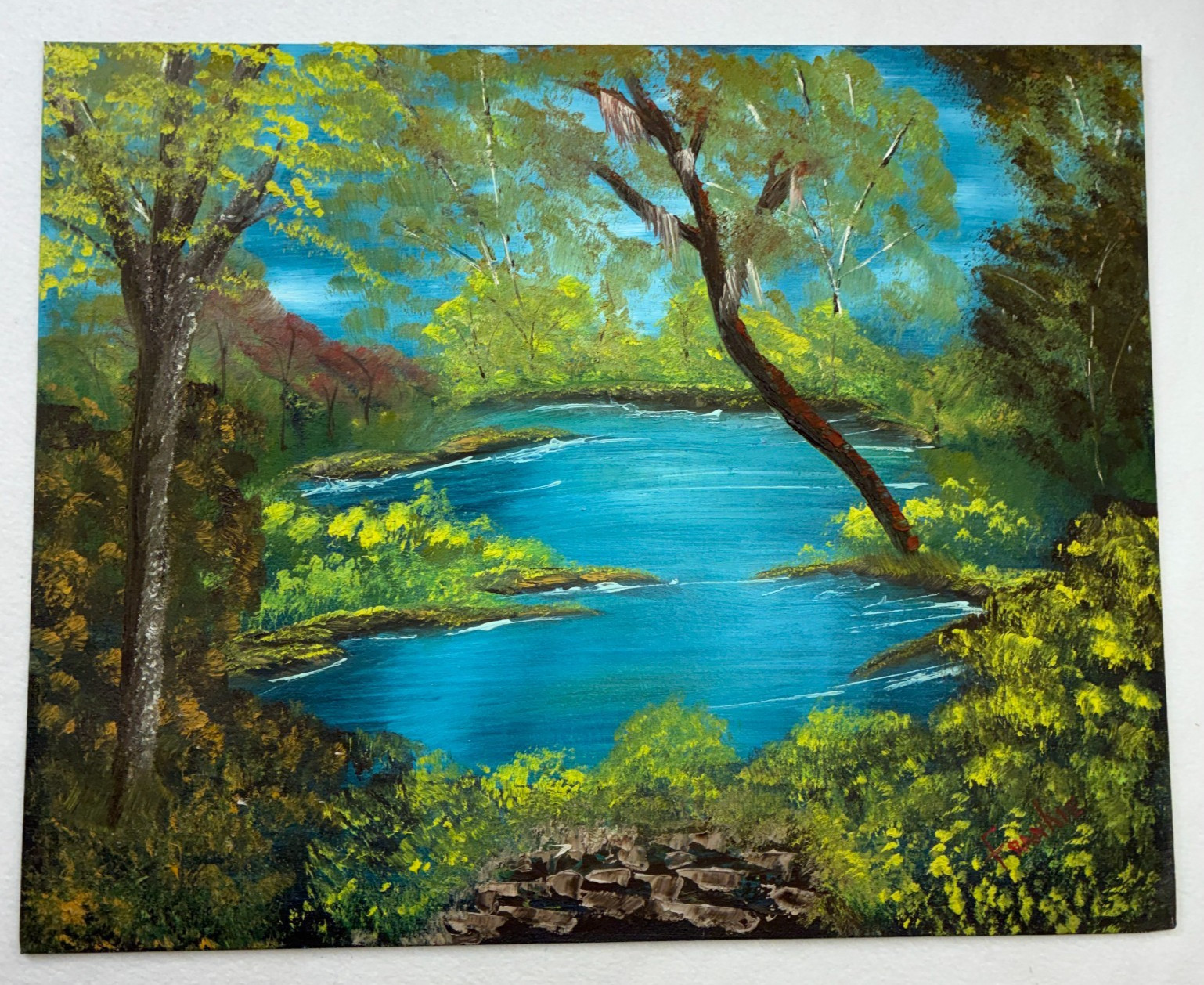 Lake in Woods Original Hand Painted Oil on Canvas Board 20″x16″ Unframed Signed