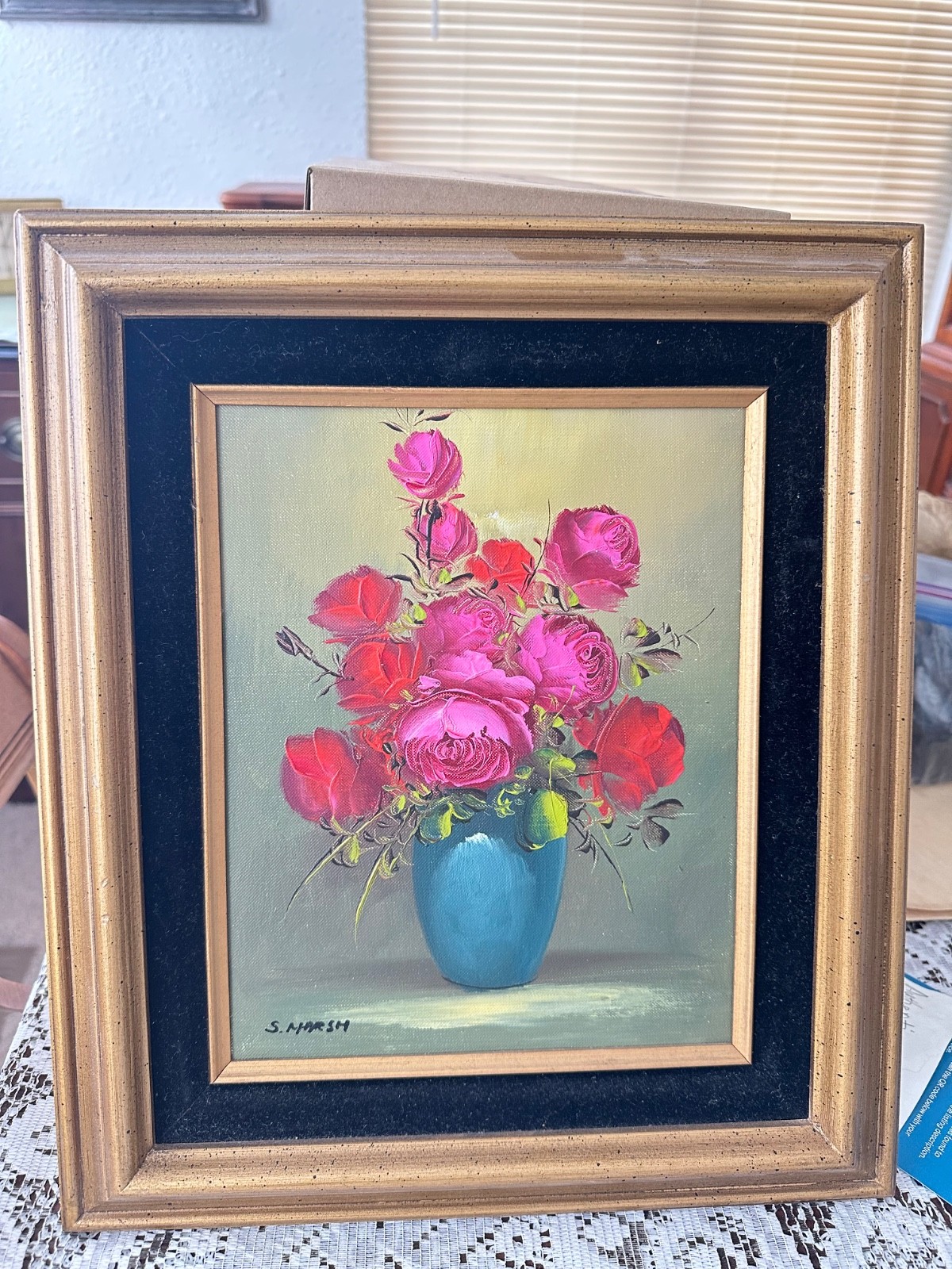 Beautiful Original Oil/Acrylic Painting On Canvas Vase Of Roses By S. Marsh