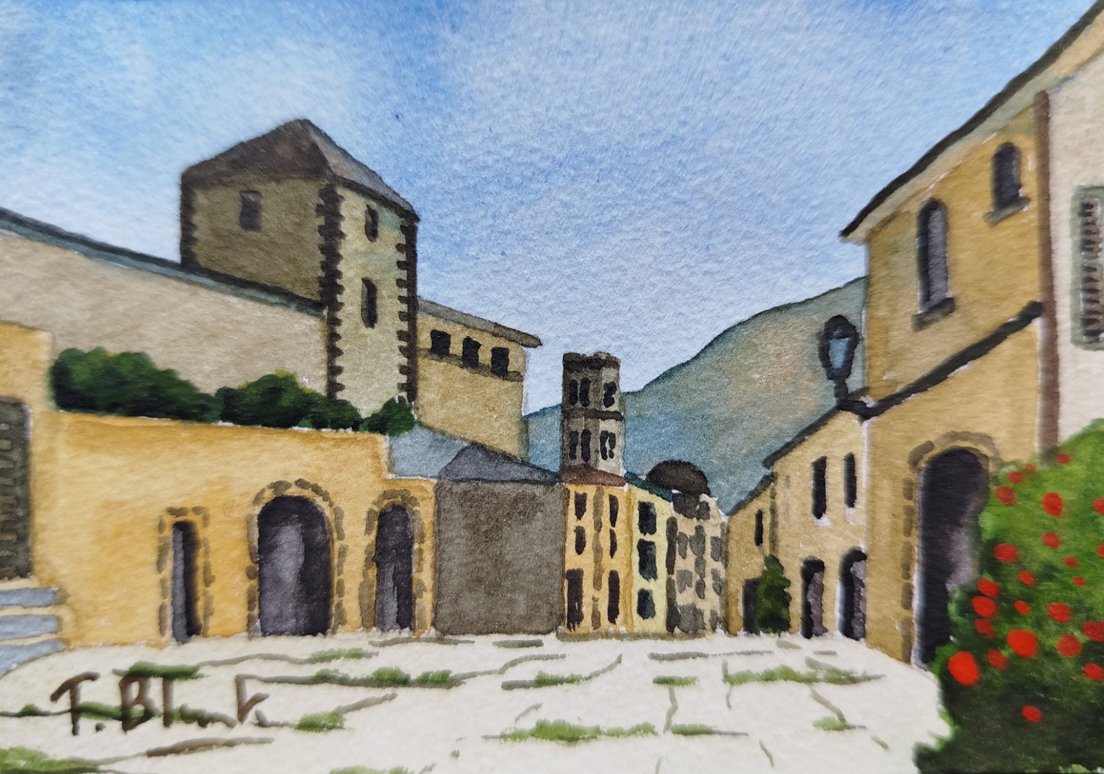 ORIGINAL WATERCOLOUR – The village of Pollenca in Mallorca.