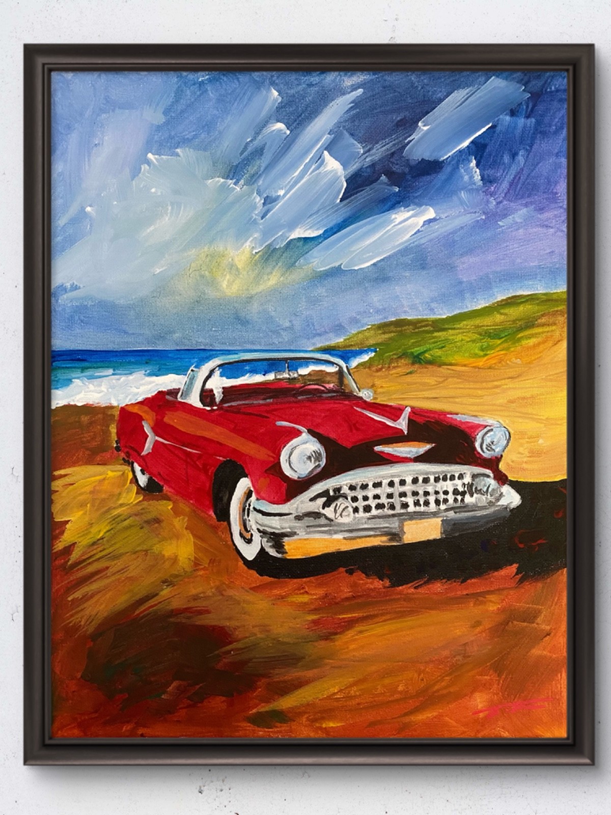 Red Convertible Southern California Beach Original Art 14×11 Canvas