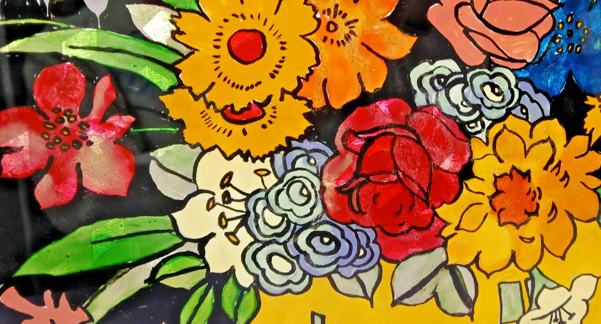 VINTAGE 1958 TINSEL REVERSE GLASS FRAMED PAINTING FLORAL BOUQUET FOLK ART NICE
