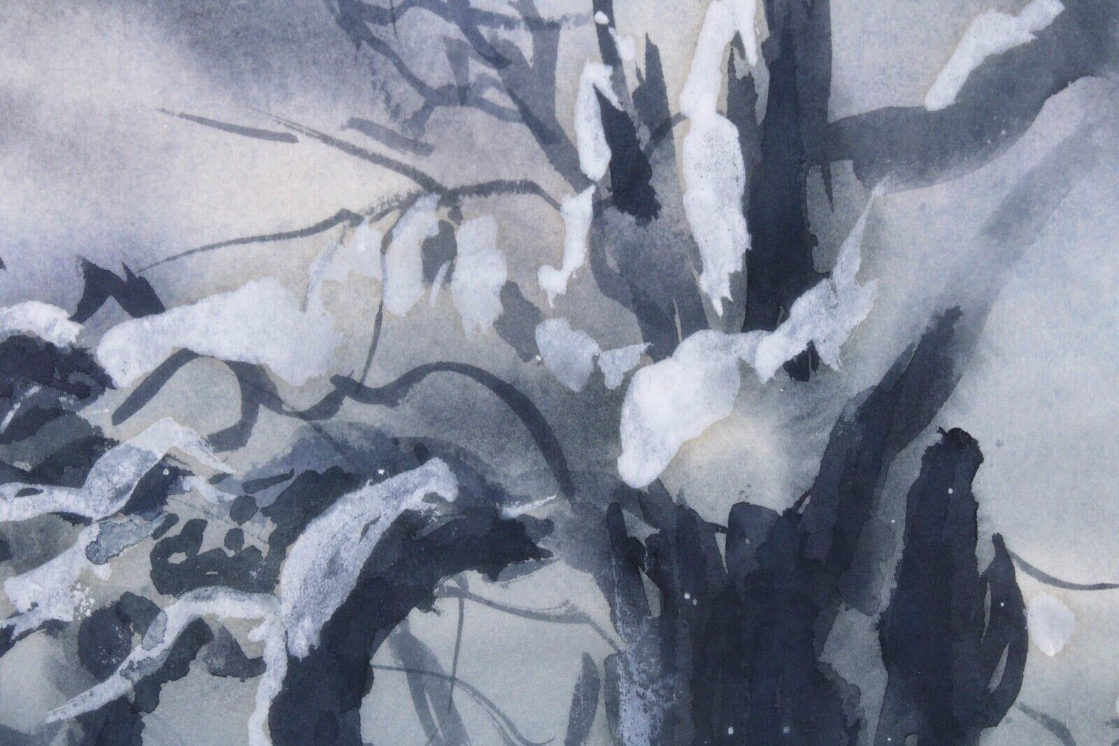 Landscape Winter Scene With Snow Watercolor Painting Signed Illegible 1984