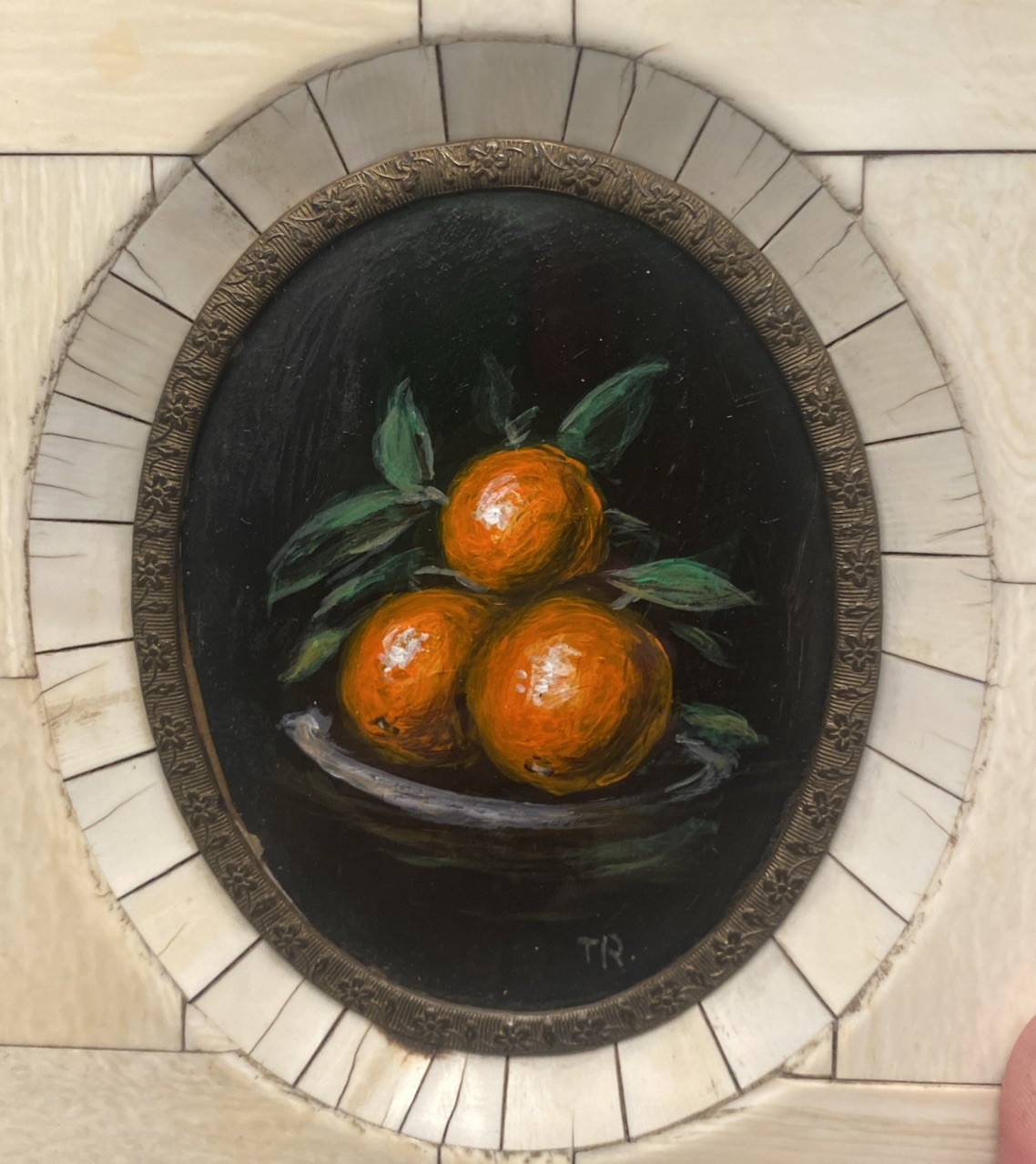 Vntg Still life ORIGINAL OIL PAINTING Clementine Oranges Small Stone Frame