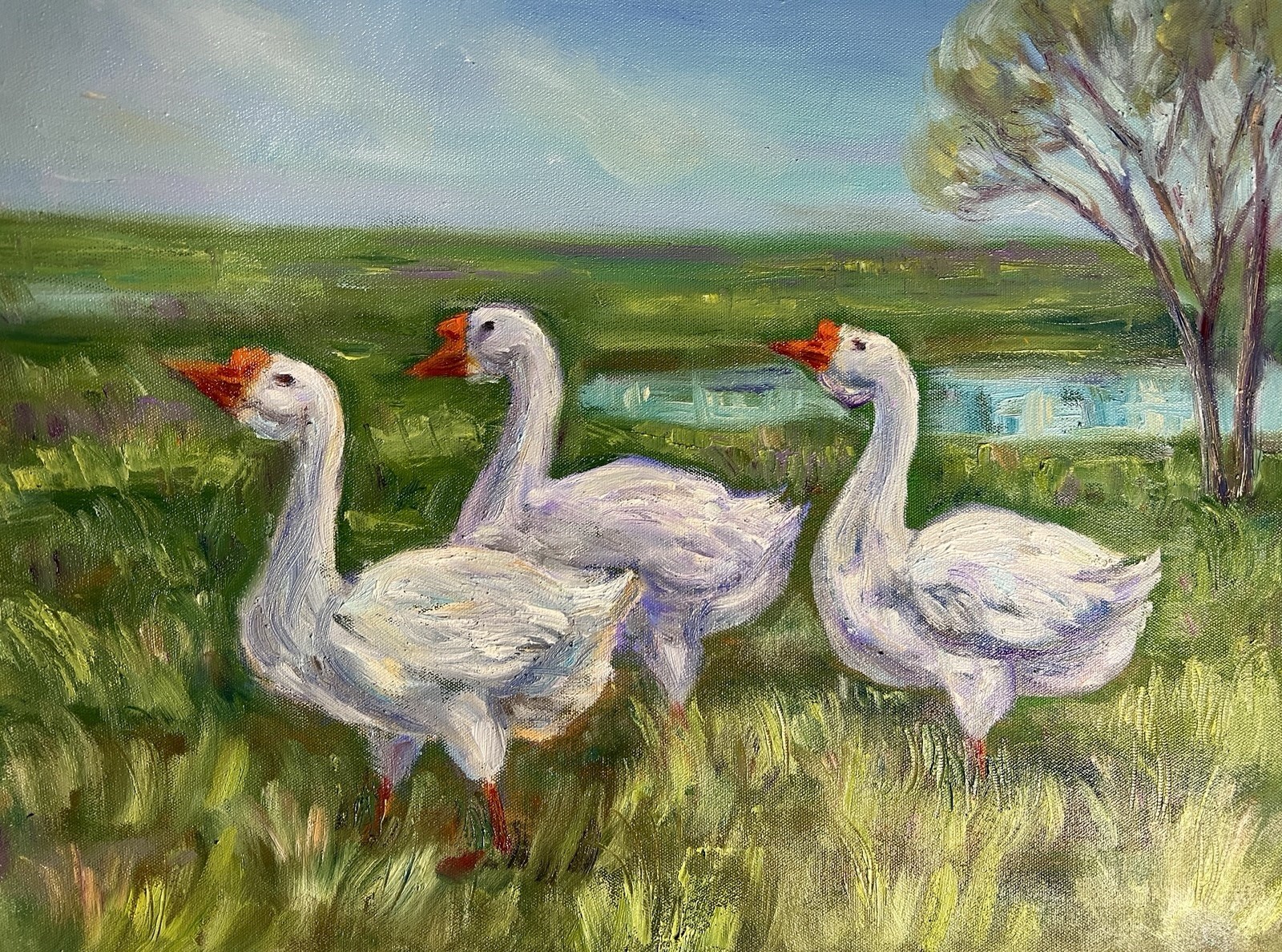 Original Oil Painting Three Geese 11×14 Farm Animals Wall Art / Landscape