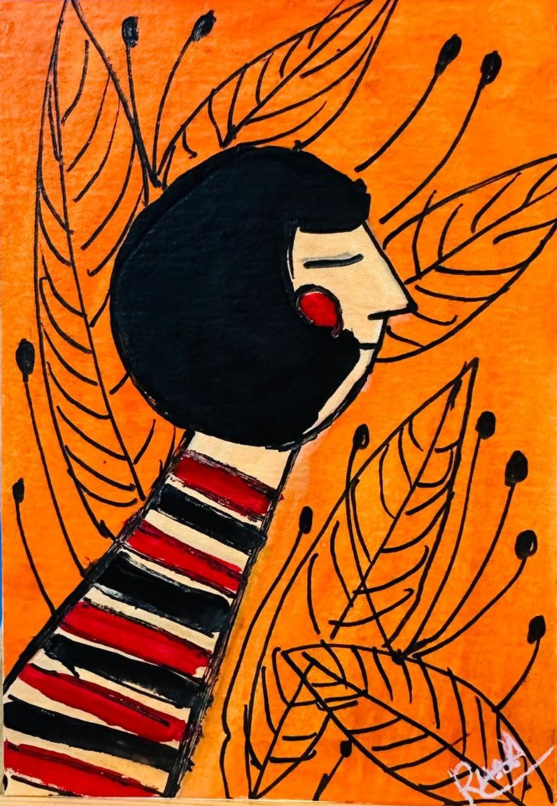 Modern Abstract Woman Profile Orange Background Leaf Line Art Painting ACEO Size