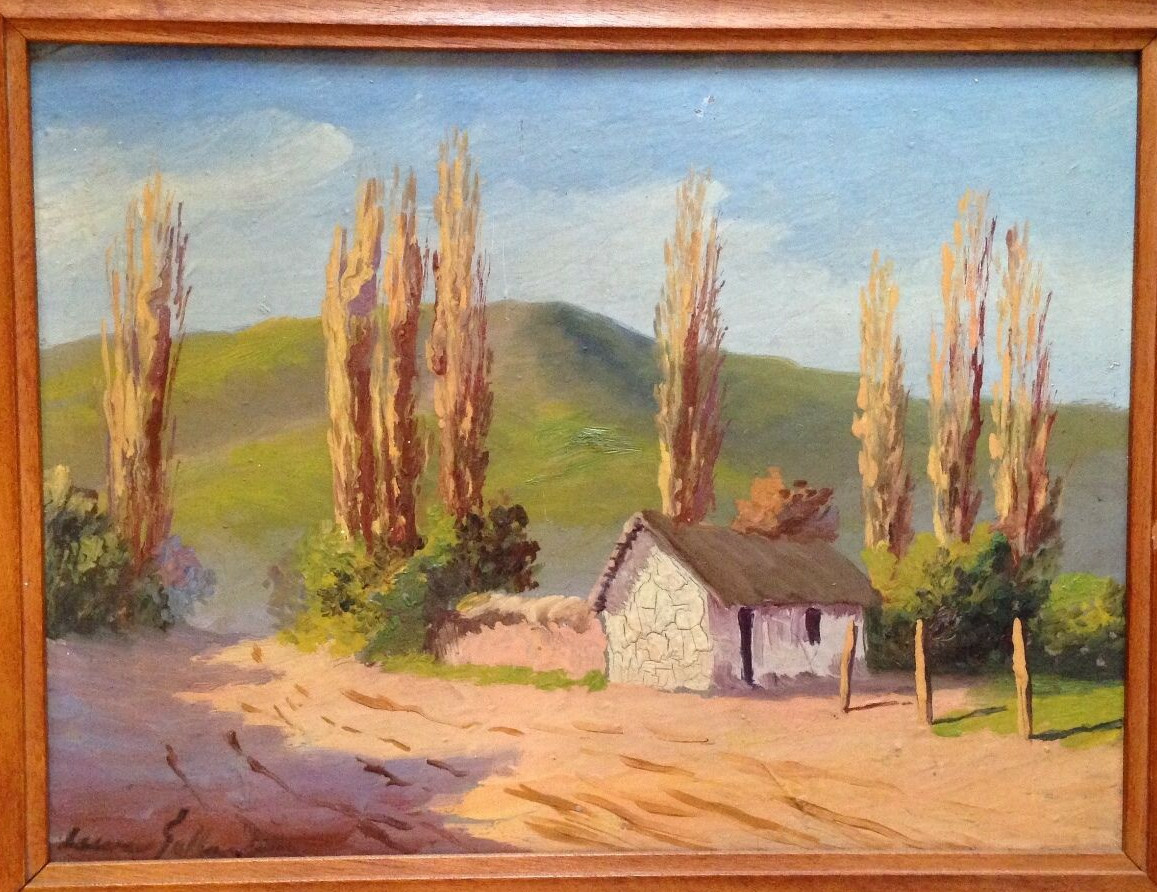 Vintage Oil Painting Landscape with Lombardi Poplar trees, signed