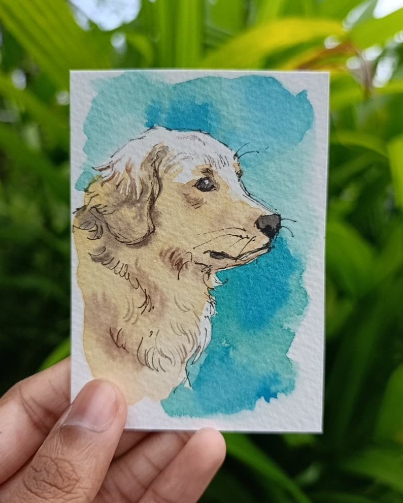 ACEO OOAK Original Watercolor Painting Golden Retriever Dog Portrait Miniature