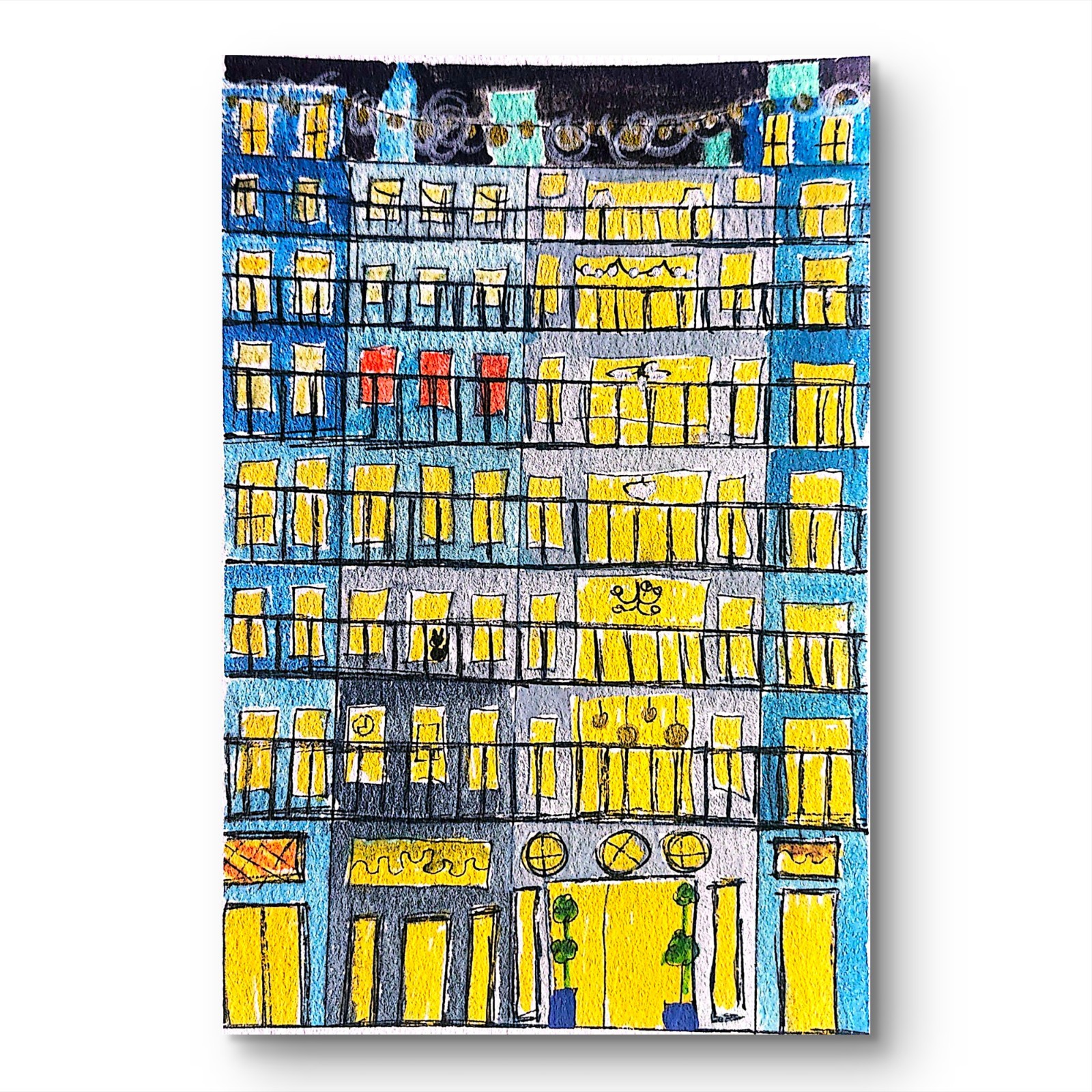 Apartment Building Nocturne Original Expressionism Watercolor Paper 5×7 Signed