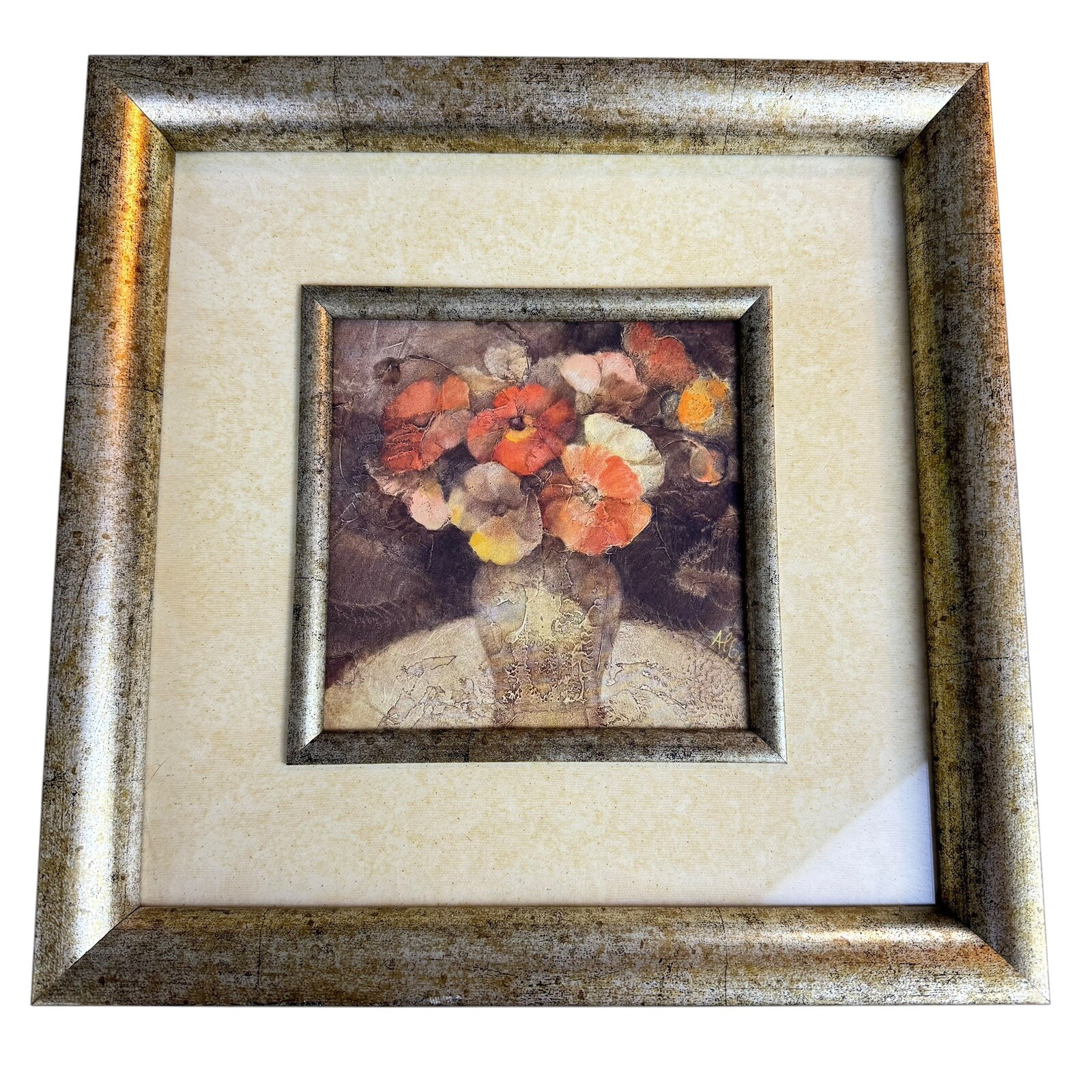 Framed Matted Painting Still Life Flowers in a Vase 11.5″ Square