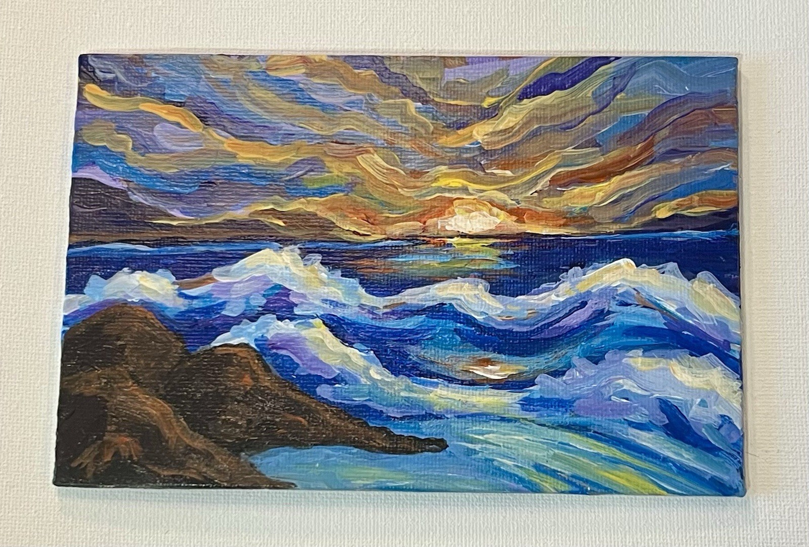 Sunset Seascape Mini Painting 4×6 Original Acrylic Ocean Art On Canvas Board