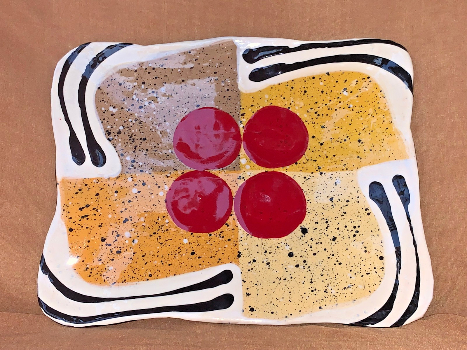 Listed Artist Jack Charney Mid Century Ceramic Tray Geometric Red Dots Ex Cond