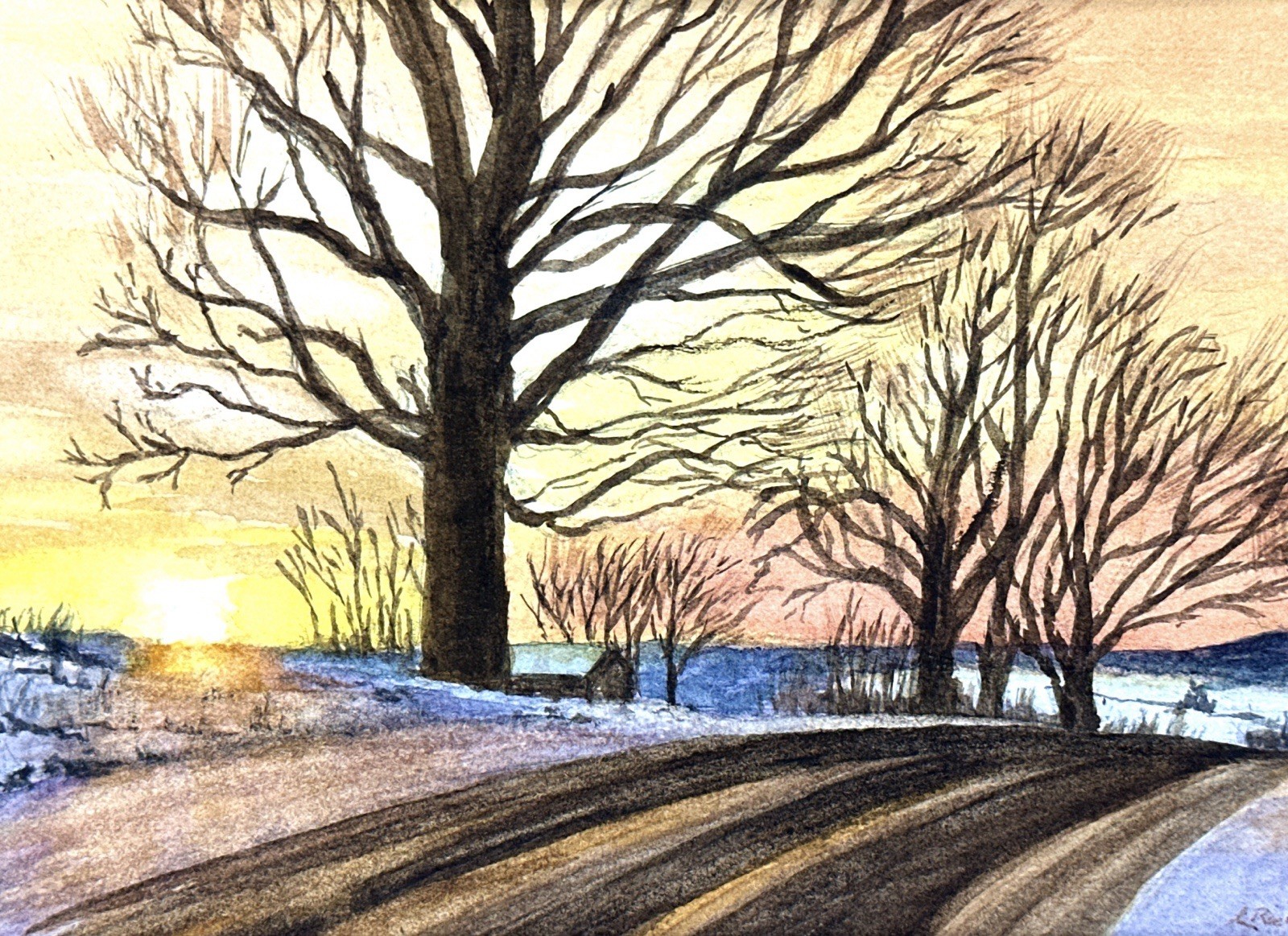 Winter Landscape Watercolor Painting Illegible Signature Matted 10×8 Sunset