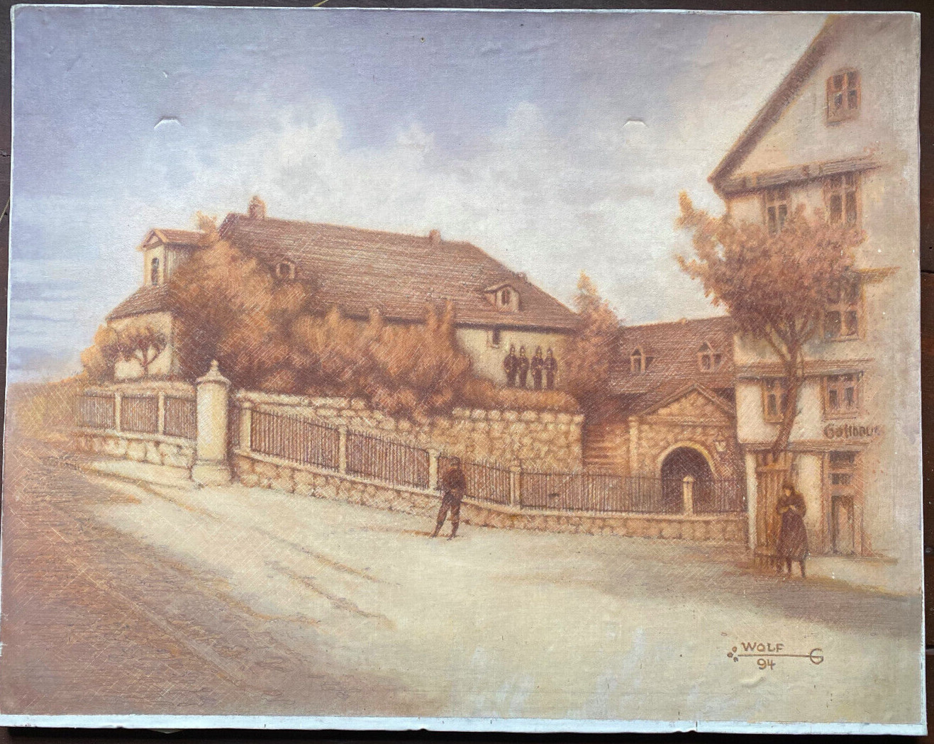 ::OIL PAINTING SIGNED WOLF G. 1894 VILLAGE STREET NEAR BARRACKS / HOUSES WITH SOLDIERS