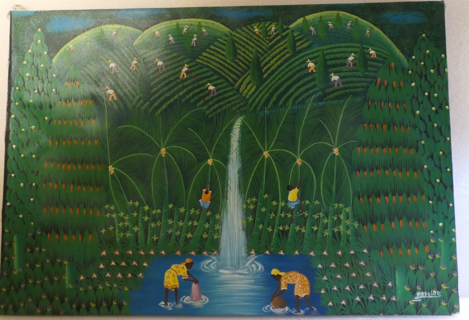 HAITIAN ARTIST LESLEY HYPPOLITE PAINTING ON CLOTH FOLK ART WATERFALL DAILY LIFE