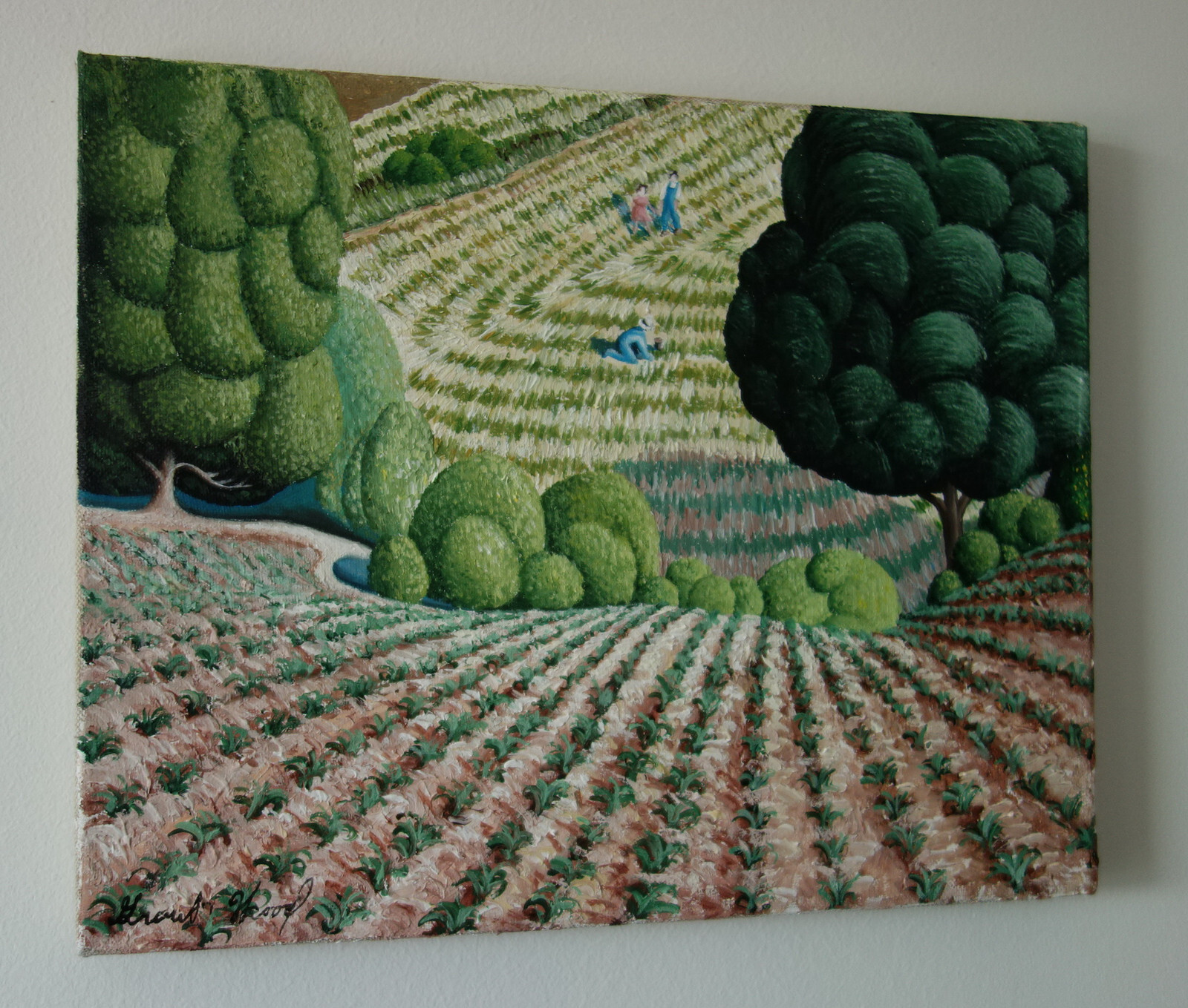 Rare unique American Modernism rural landscape painting, signed Grant Wood