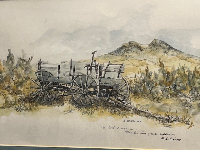 Old Wagon at Heart Mountain Cody Wyoming Framed Watercolor SIgned ES Baird 1987