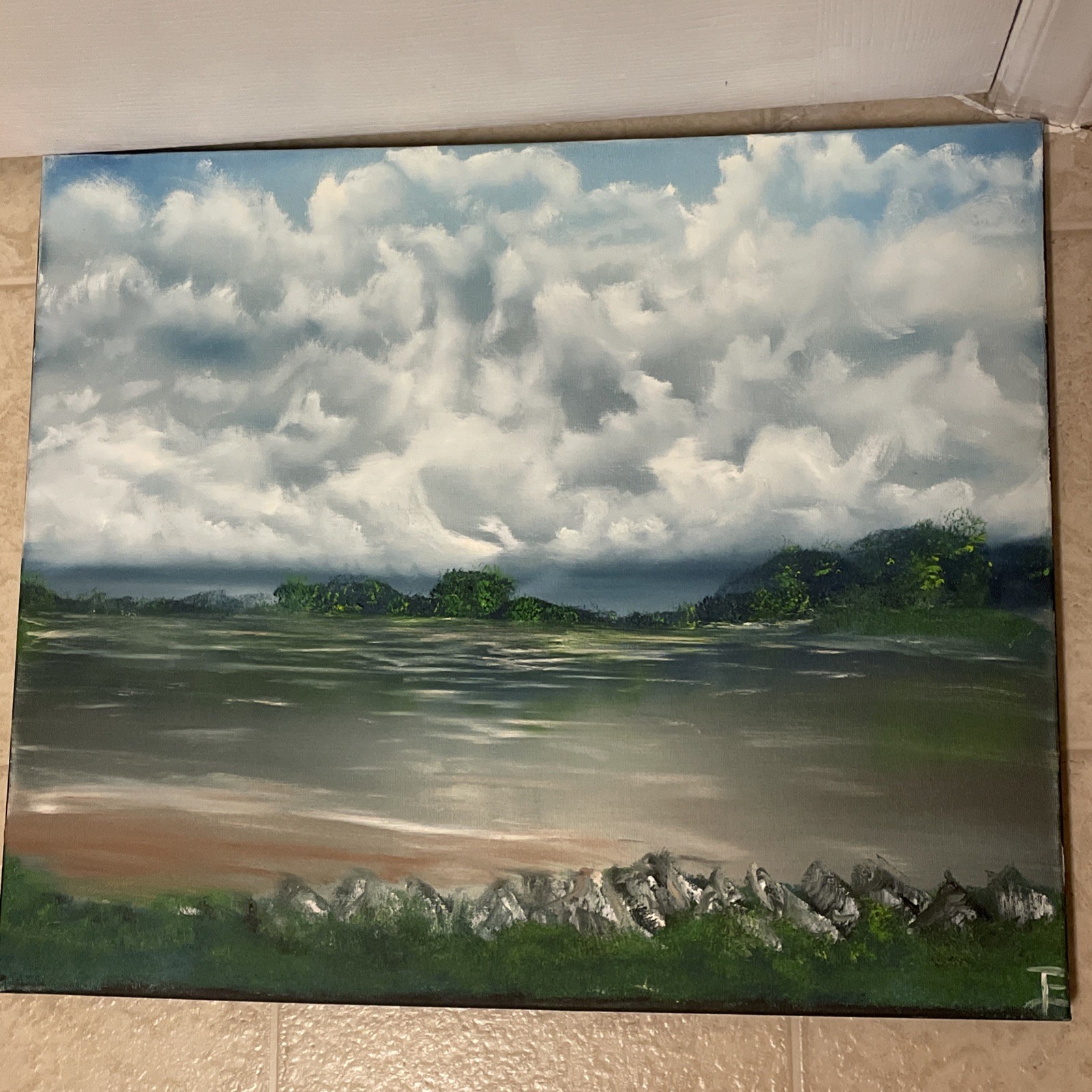 Oil Painting, impressionism, landscape, original, signed, Sky, blue clouds, Land