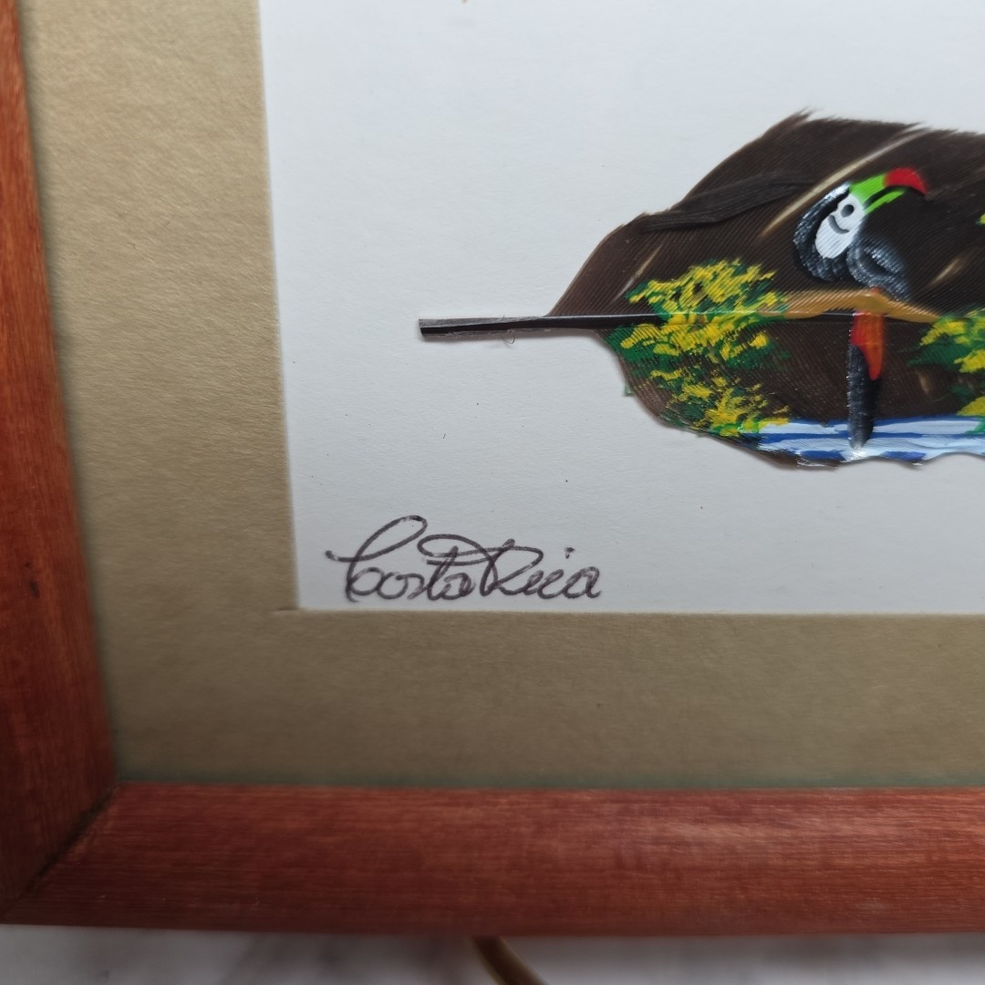 VINTAGE HAND PAINTED FEATHER ART TOUCANS ON BRANCHS COSTA RICA SIGNED FRAMED 2