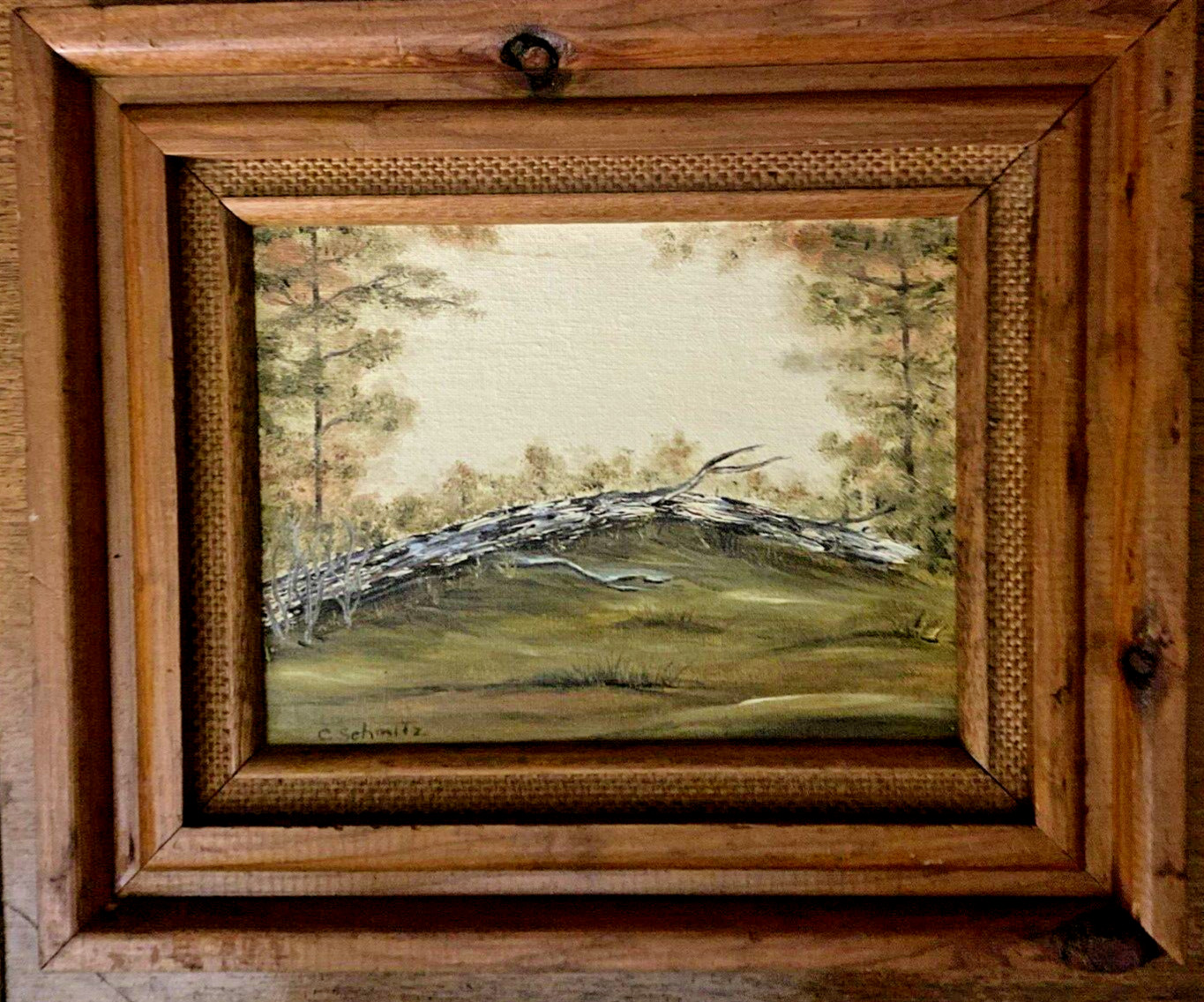 C. Schmitz Oil painting on canvas Fallen tree in forest 8x 6″ with frame 12×10″