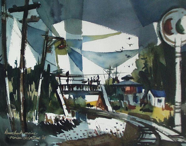 VIVIAN CHEVILLON IMPRESSIONIST CUBIST RAILROAD «KENNEBUNK, MAINE» WATE