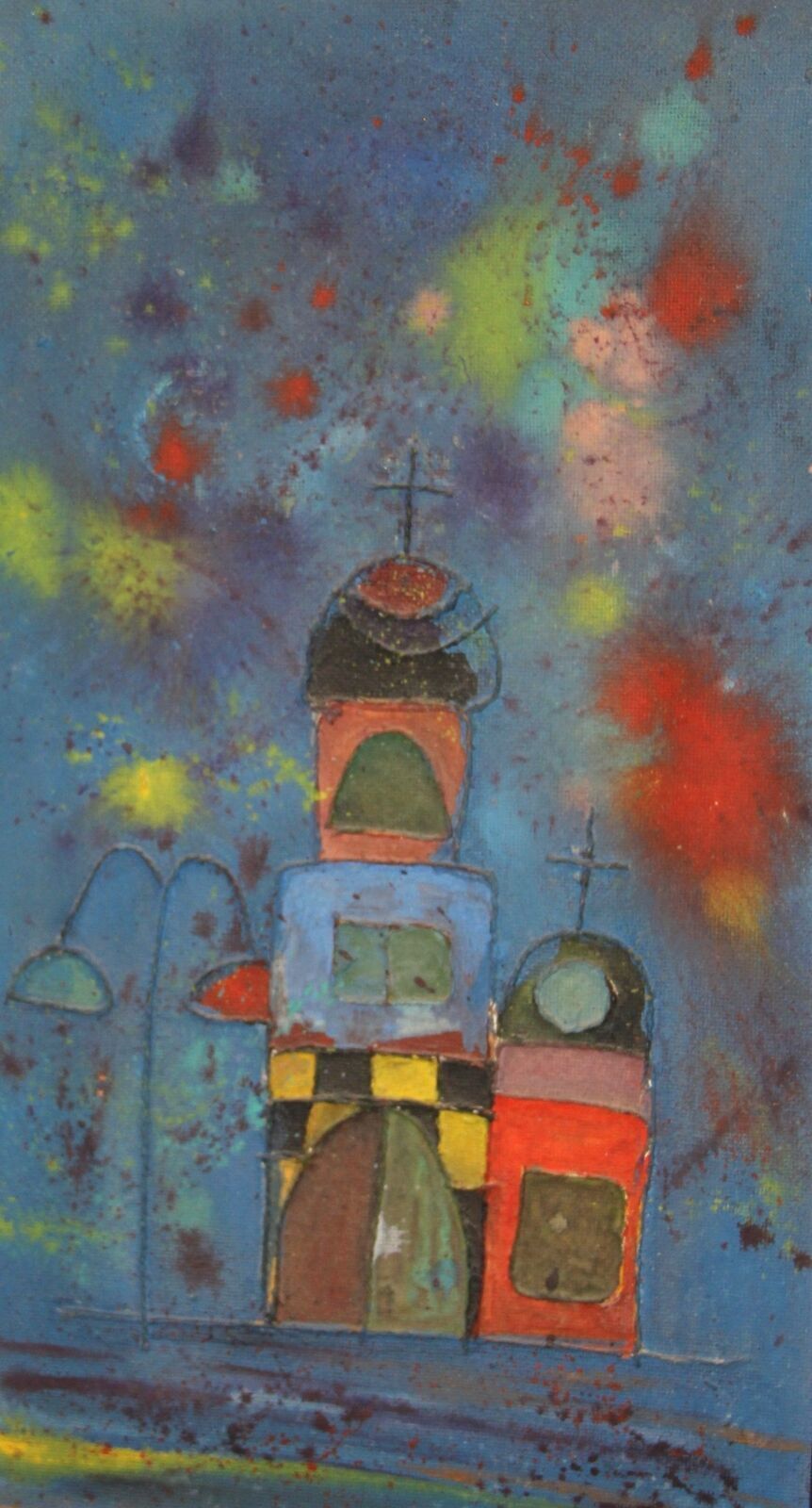Vintage oil/collage surrealist painting church landscape