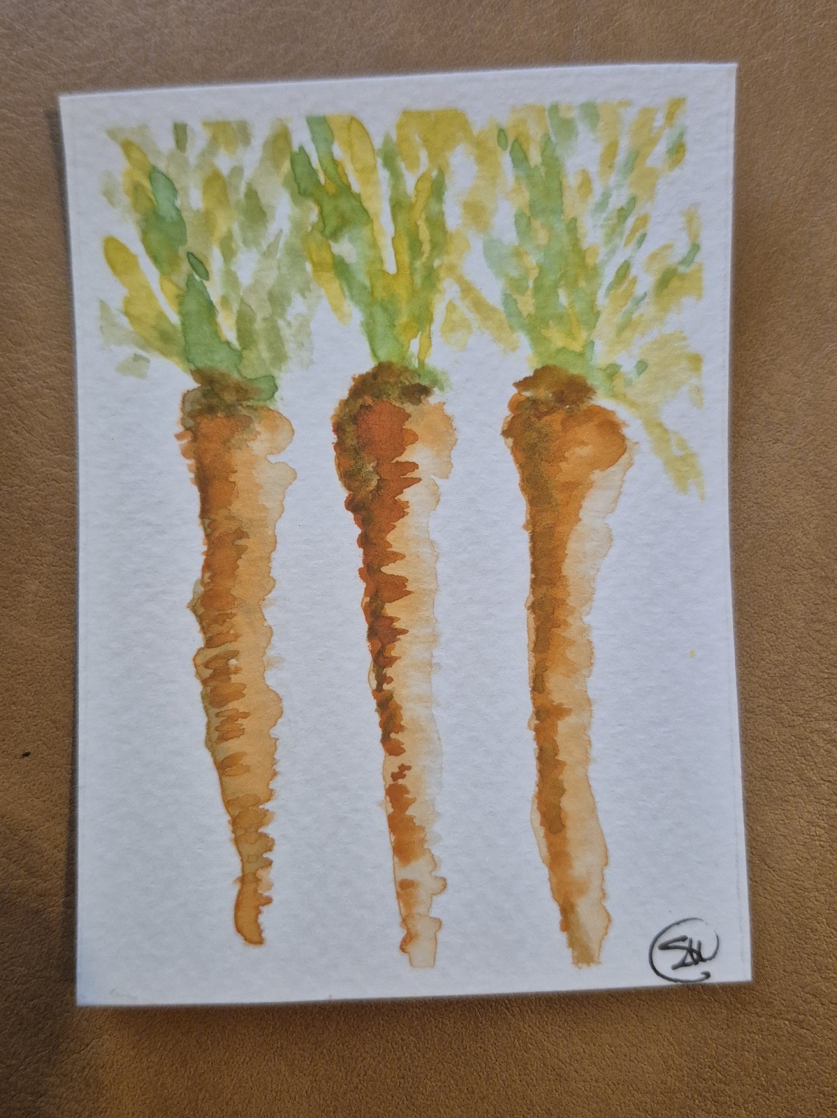ACEO Original Watercolor Painting 3 Carrots Still Life Signed on Heavy Paper