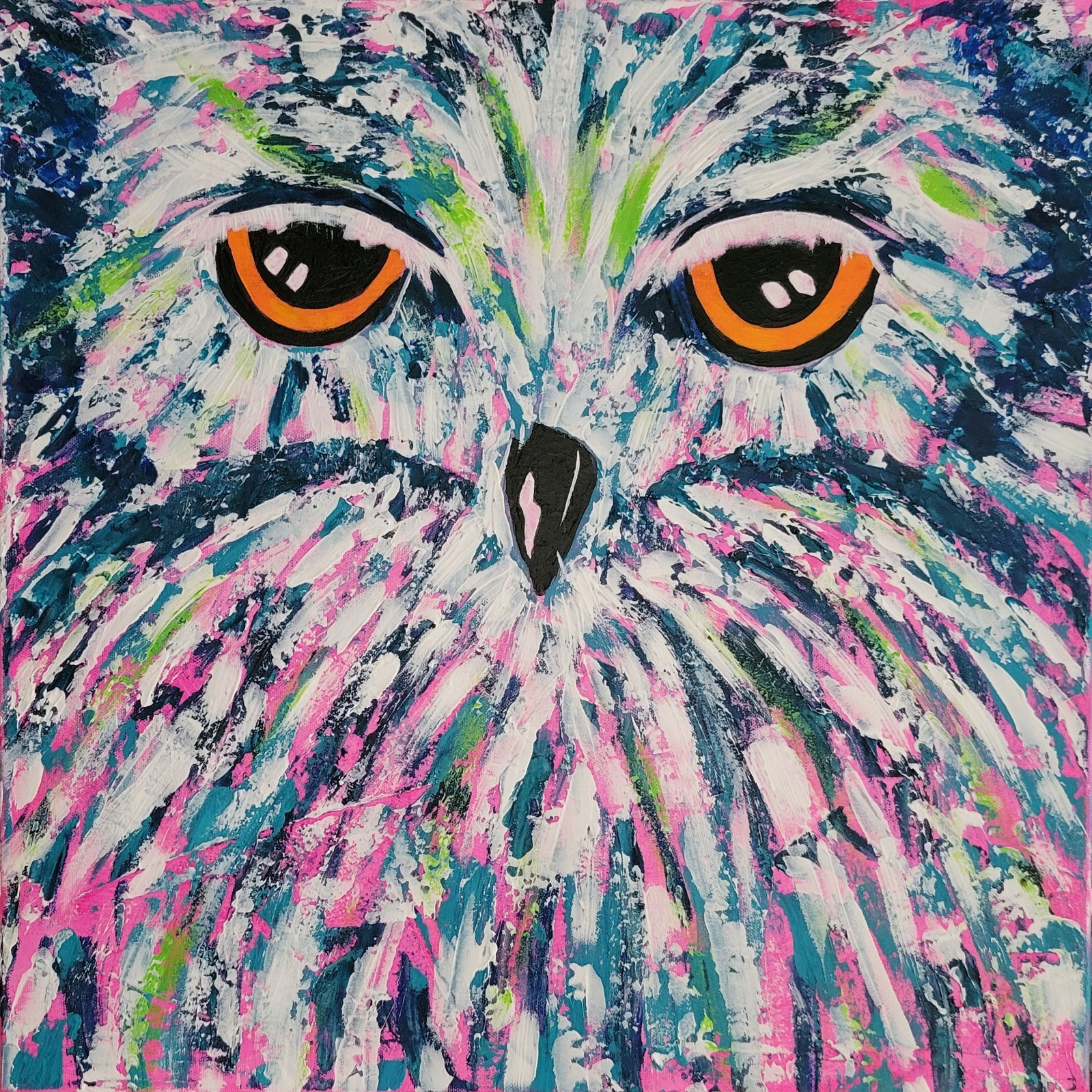 Original painting of an Owl «Keeping Watch» 20x20x1.5 Acrylic pink blue green