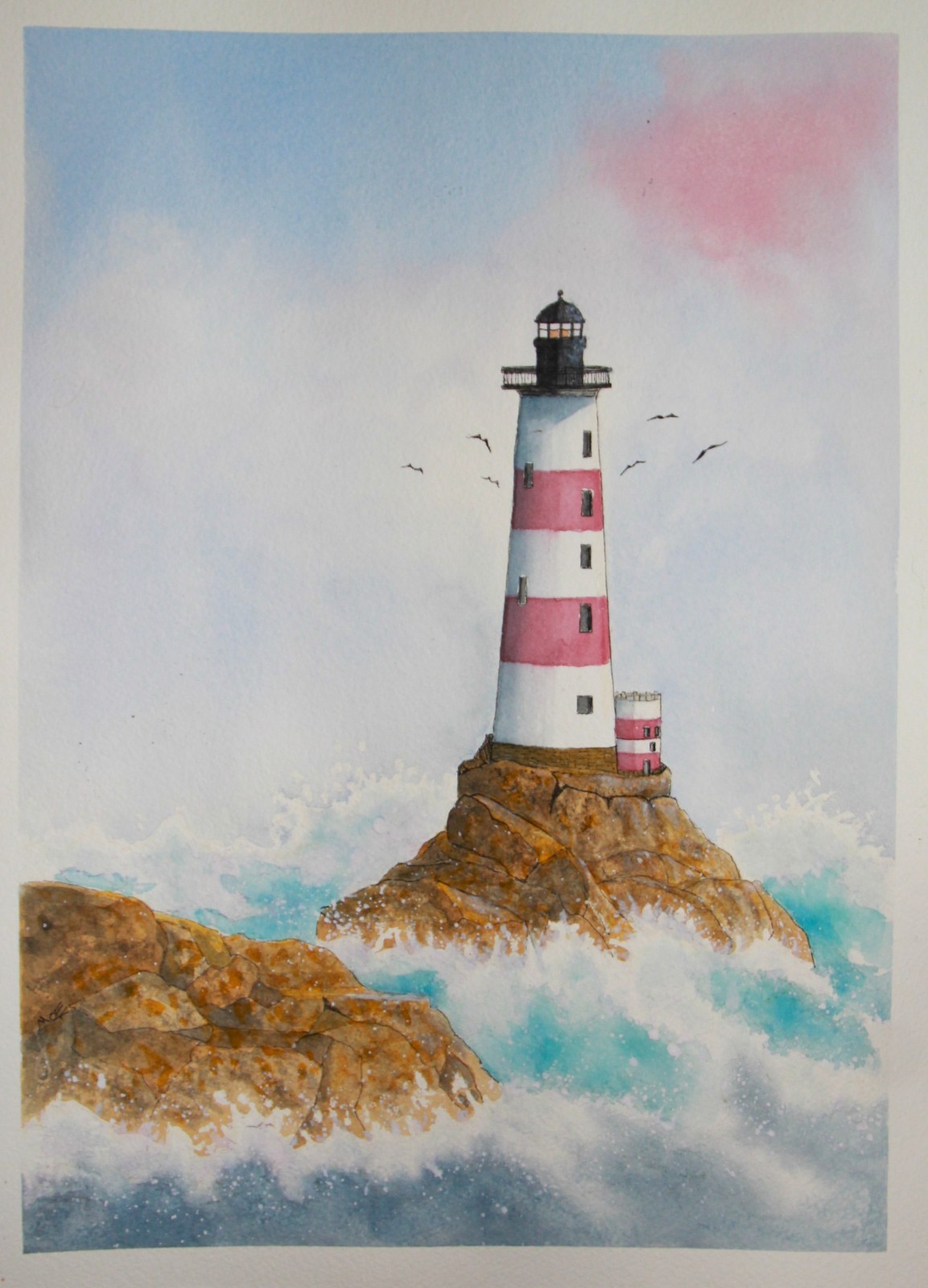 Original Watercolor Painting 0065 «Red Stripe Light» 13 x 18