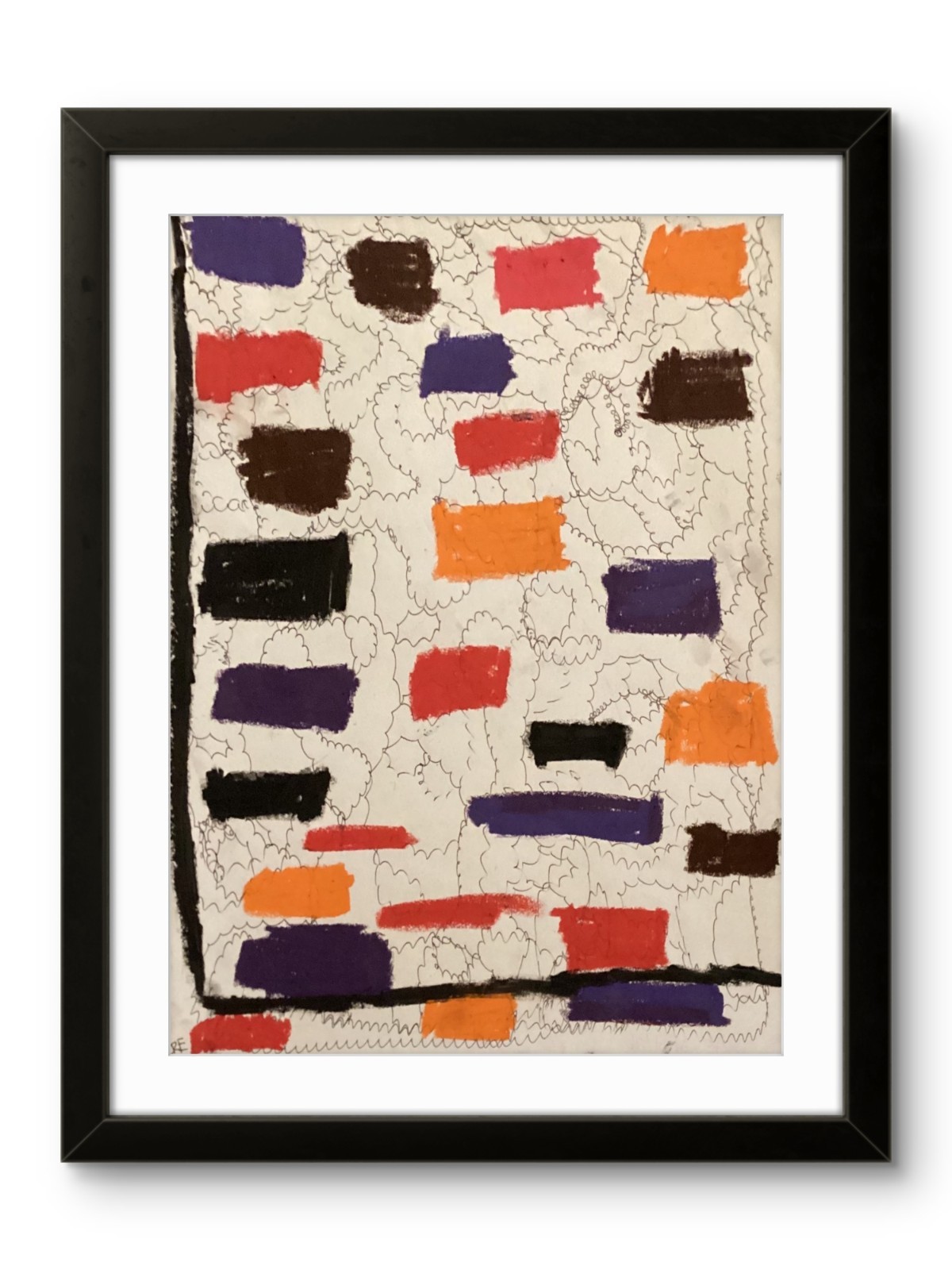 Modern Grid Square Neutral White Purple Abstract Art Original 11 by 14 on Paper