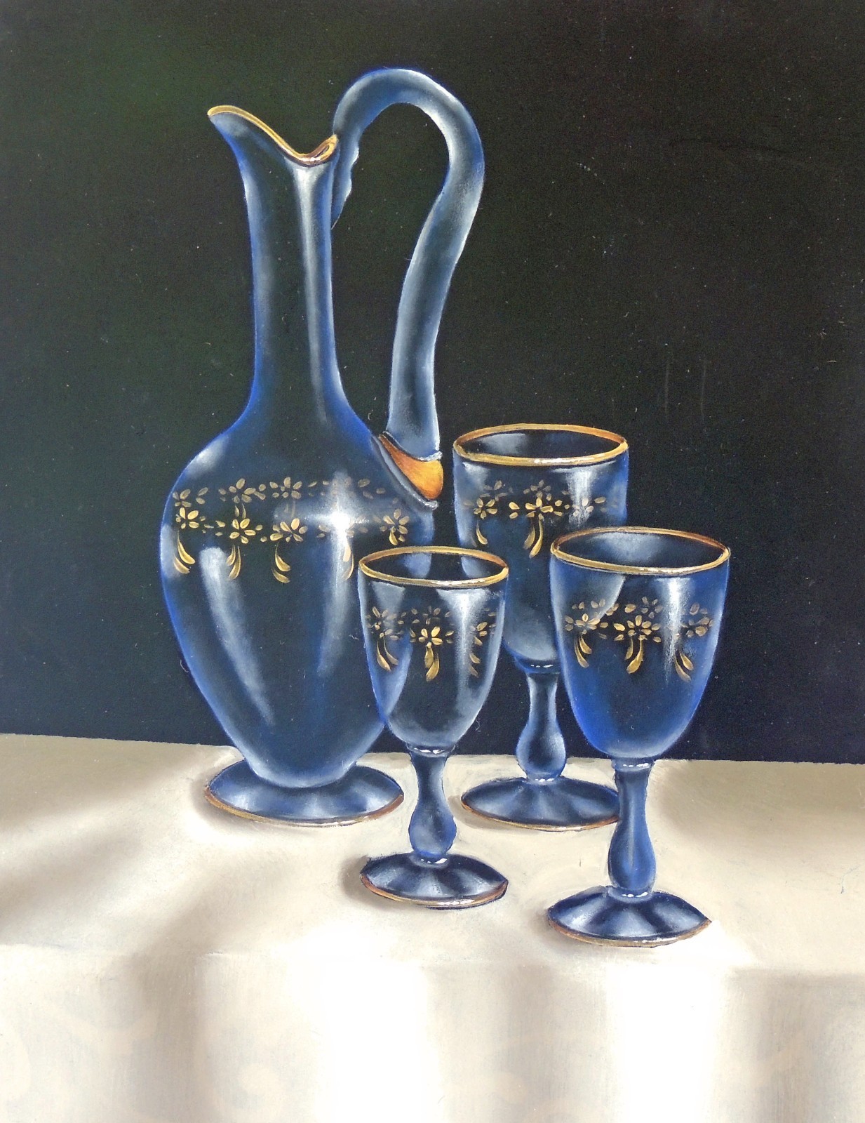 Cobalt blue & gold pitcher & goblets 8×10 print of original on linen card stock