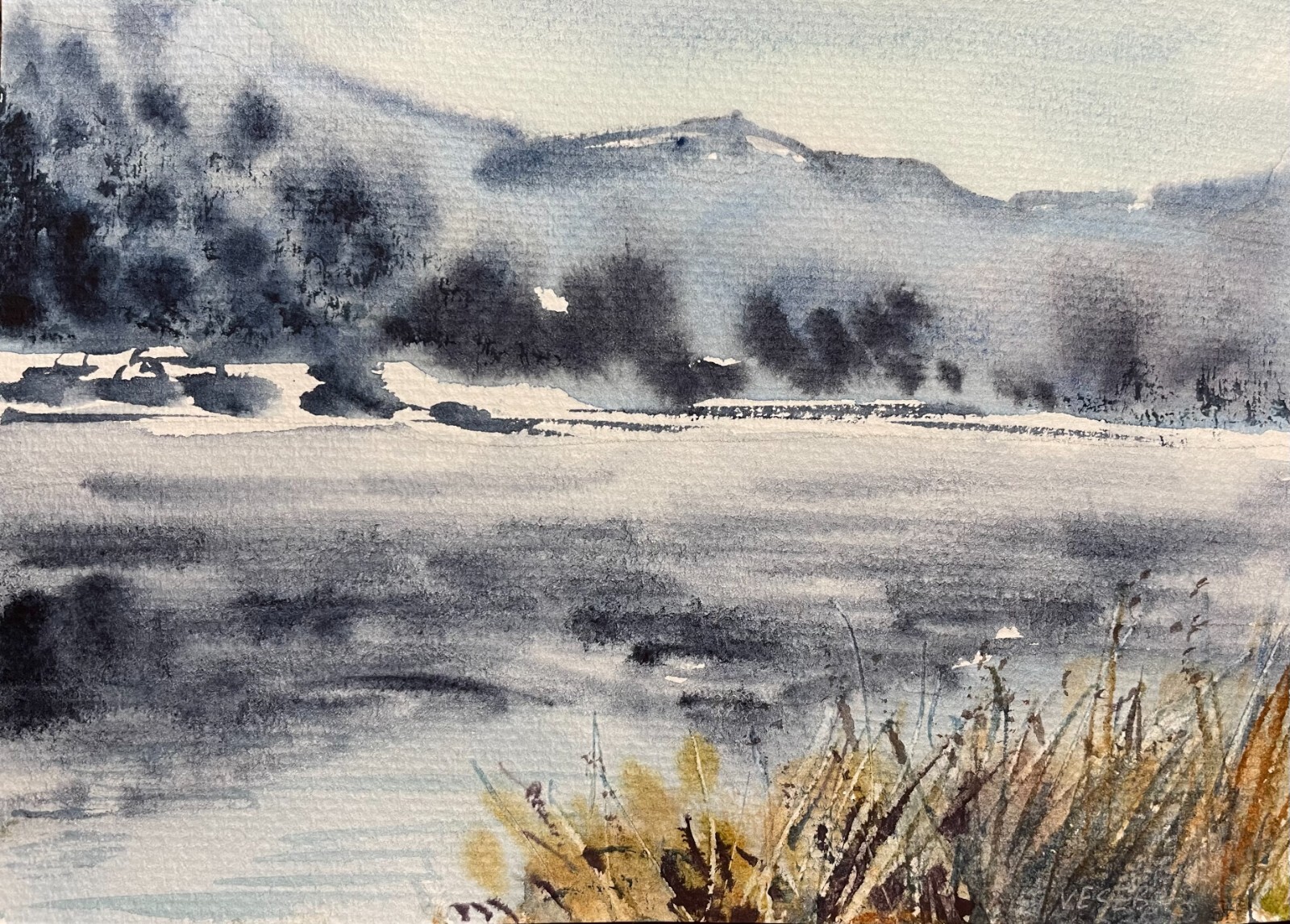 Original Watercolor Painting Landscape Nature Mountains Lake – 5×7 inches – NEW