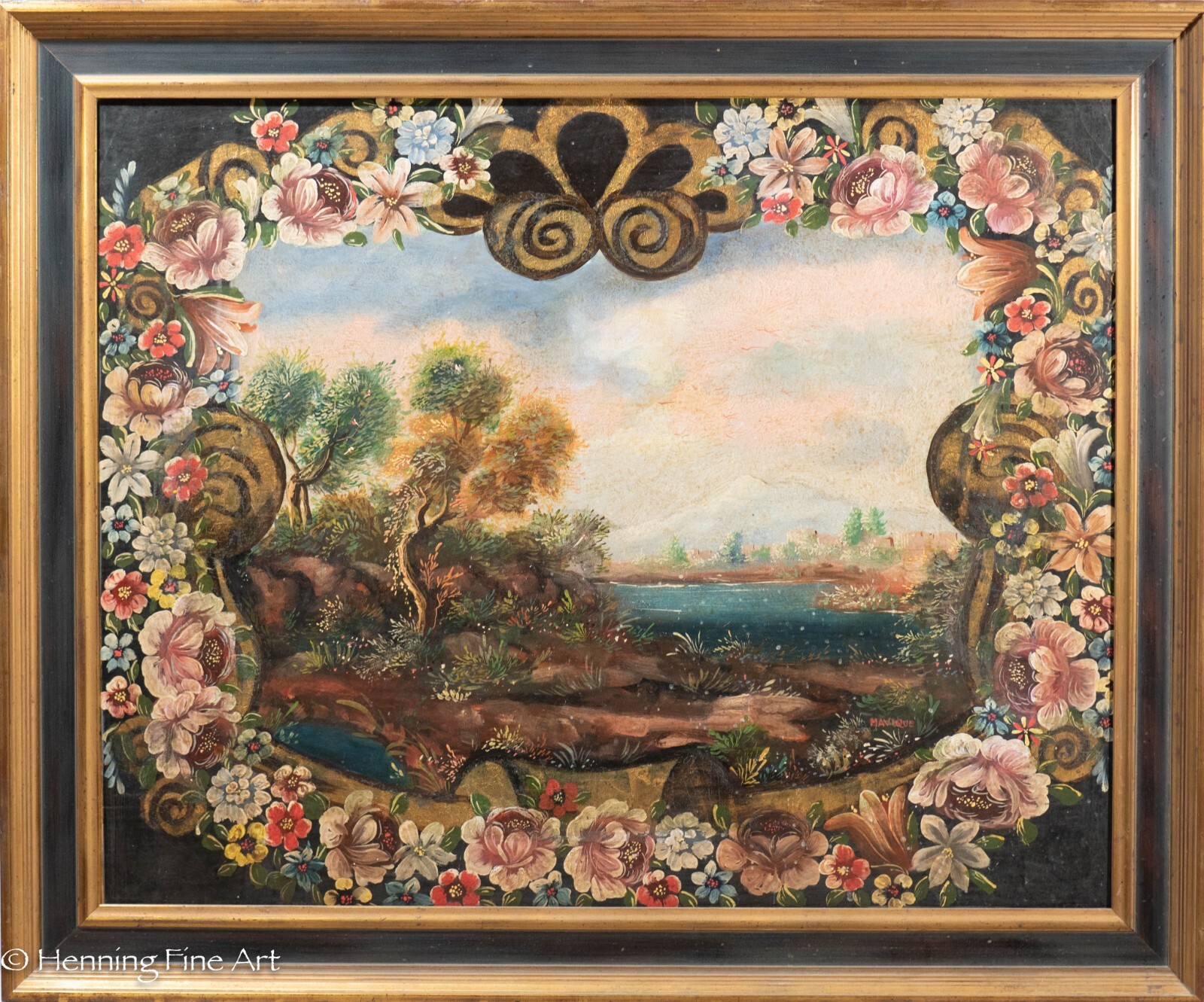 Beautiful Vintage Oil Painting Floral Wreath Lima, Peru Mountain Landscape FINE