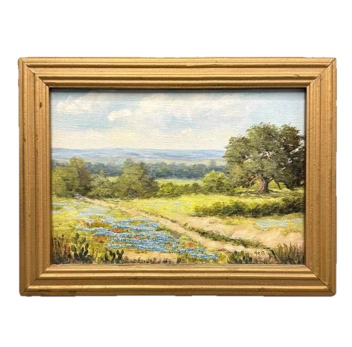 Ann King Bellanger 1979 Original Oil Painting Texas Landscape Bluebonnets Signed
