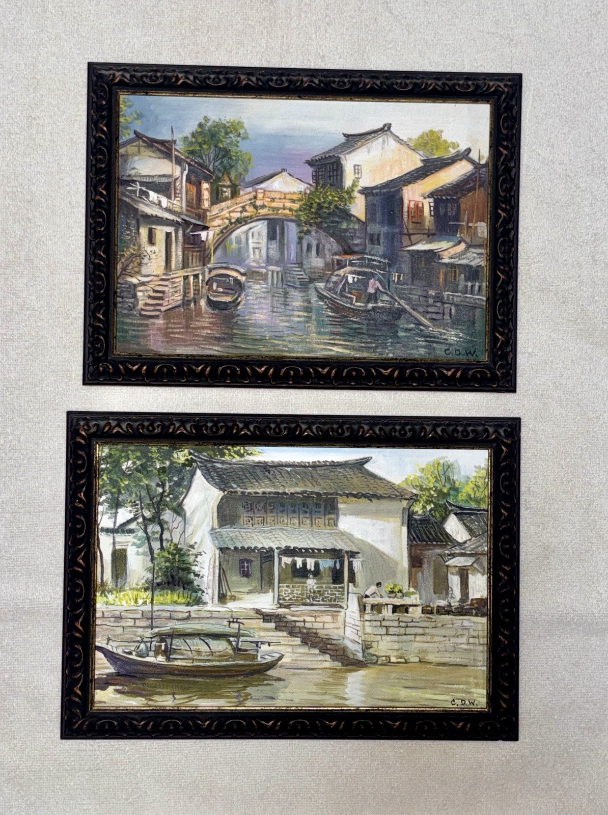 Set of 2 Vintage Oil Paintings-Chinese Water Town-Canals-Boats-Artist Signed CDW