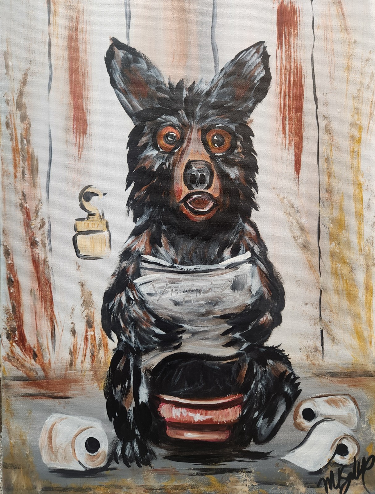 Funny Bear Outhouse Painting 12×16 Original Rustic Bathroom Art by M Isaksen