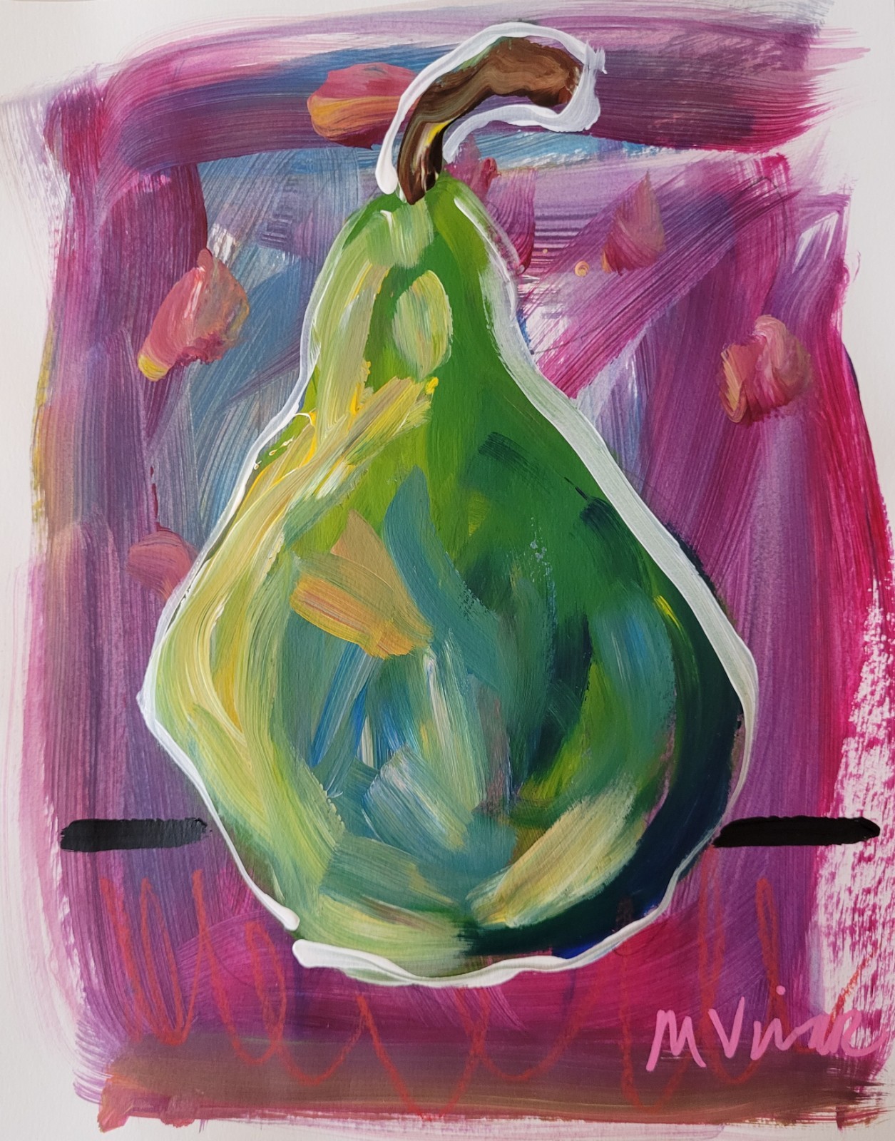 MONA VIVAR Original 11×14 Colorful Kitchen Pear Fruit Abstract Fine Art Painting