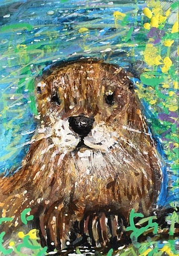 ORIGINAL ACEO Painting RIVER OTTER in Spring Animal Weasel Nature Pond ATC ART
