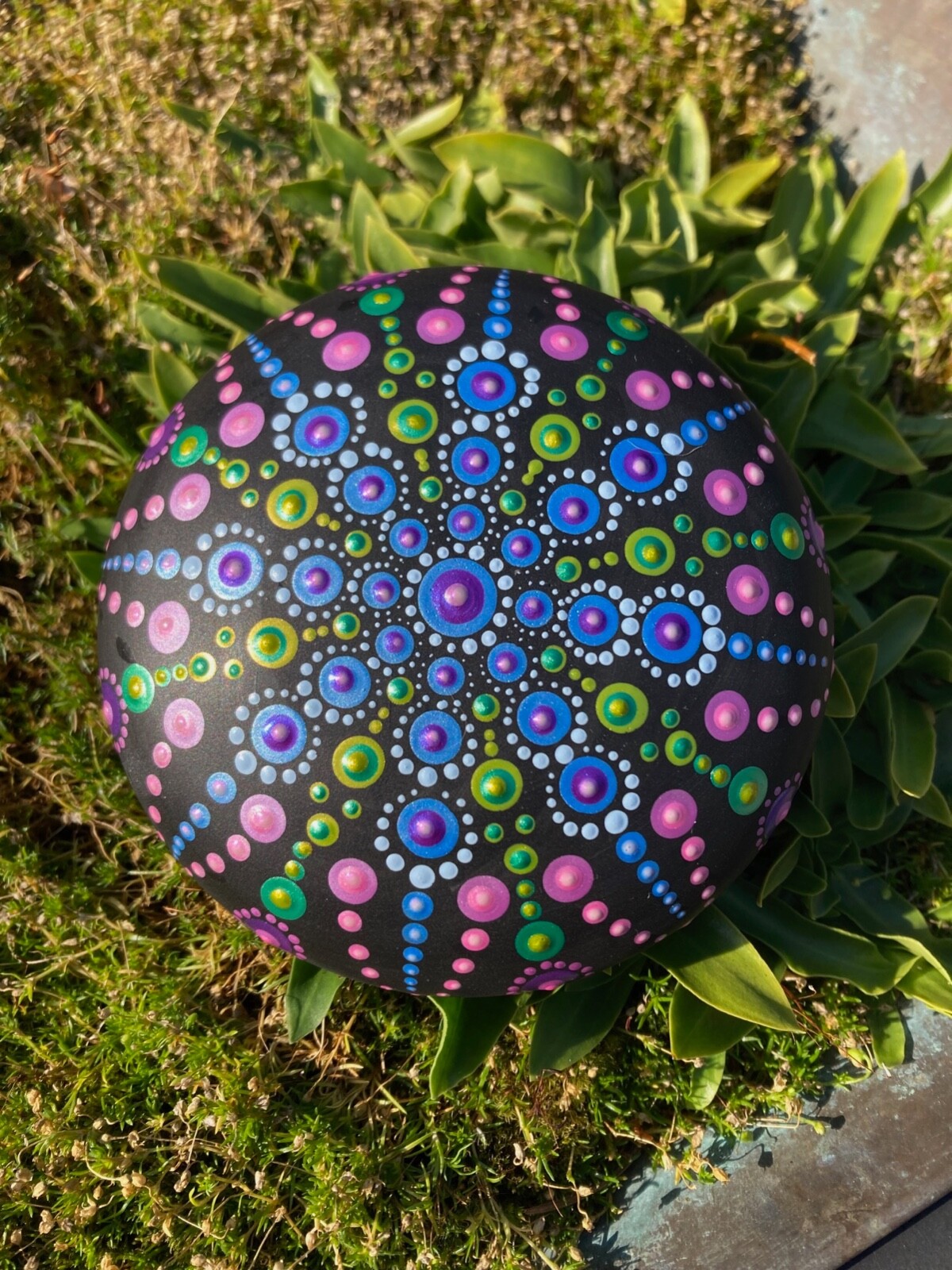 Large Mandala Dot Art Painted Rock Stone – Blue Green Pink