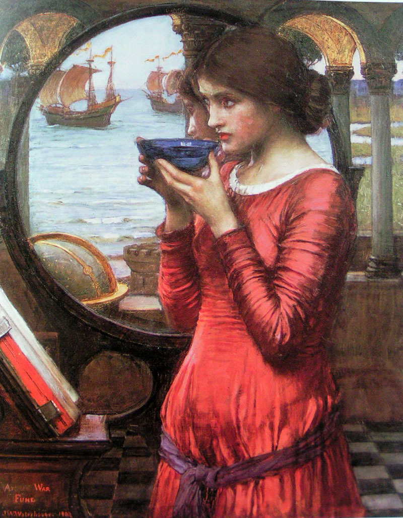 Huge Oil painting J. W. Waterhouse – Young girl Destiny Holding a blue bowl 36″