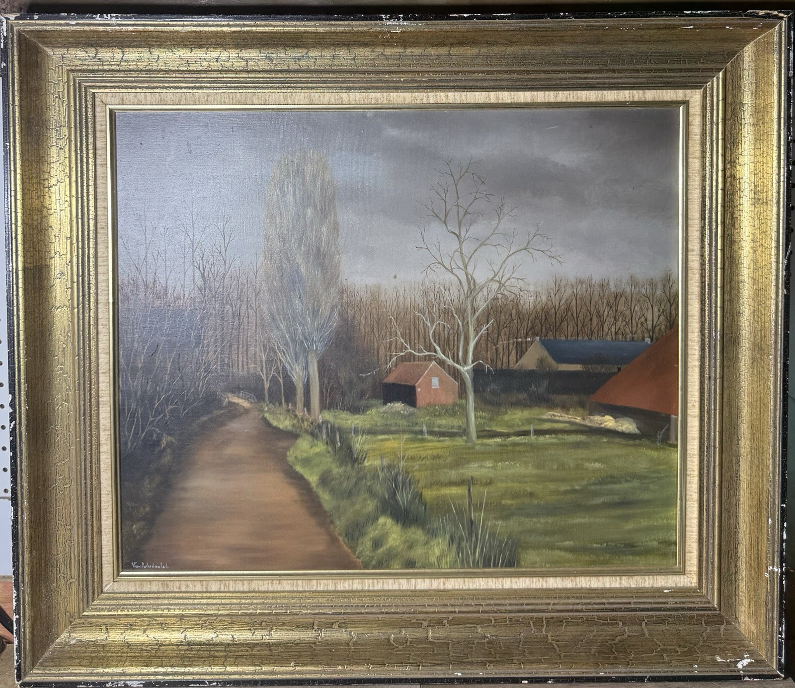 Vintage European Moody Farm Scene Oil On Canvas Original Signed Framed 30 1/4”