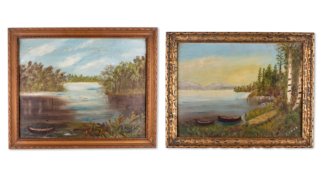 Pair Orig. 1890s Antique Oil Paintings Adirondack White Mtns Lake Signed «Clark»