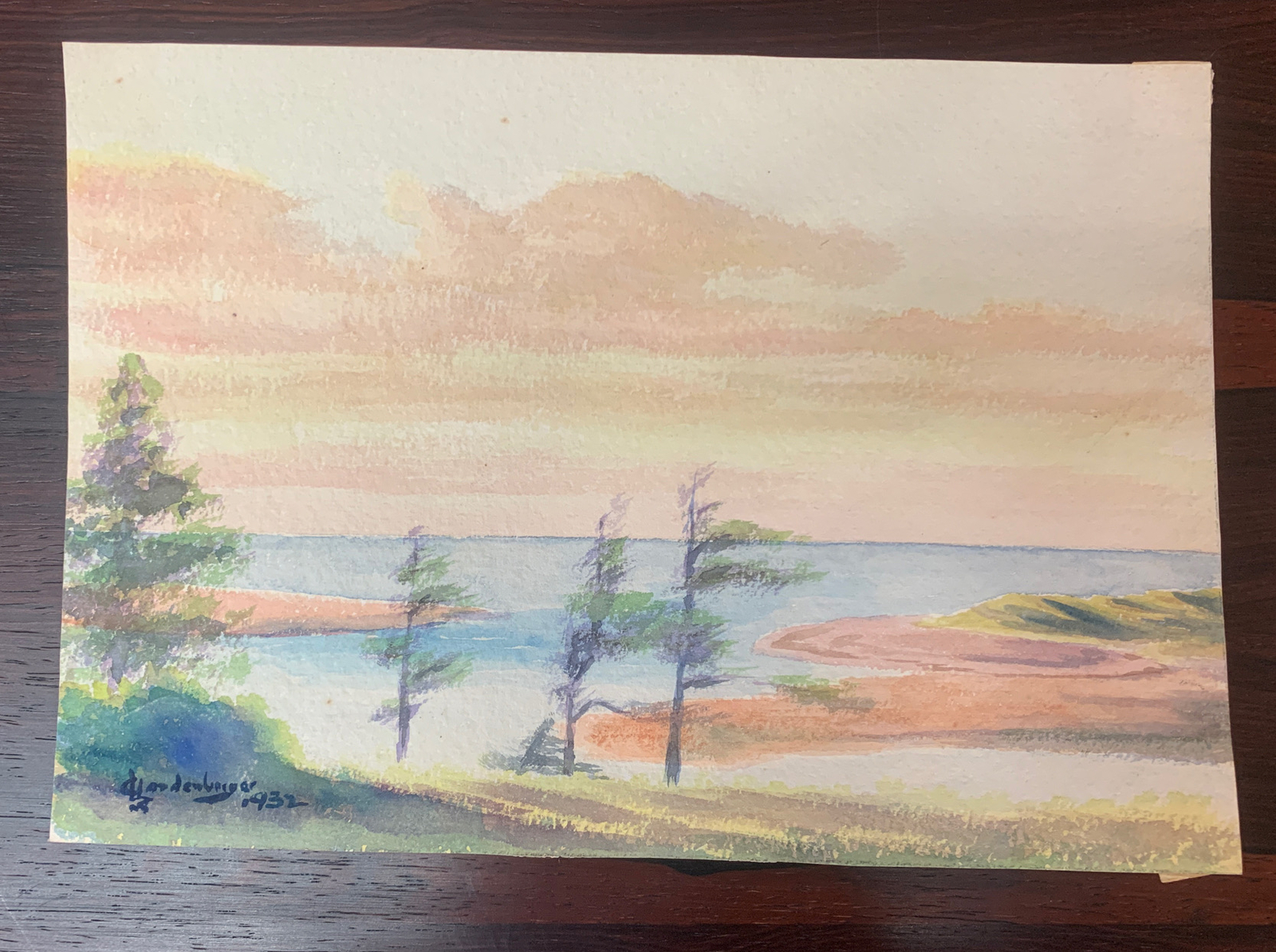 Antique Watercolor on Paper 1932 Artist Signed Sunset Sea Scape California?